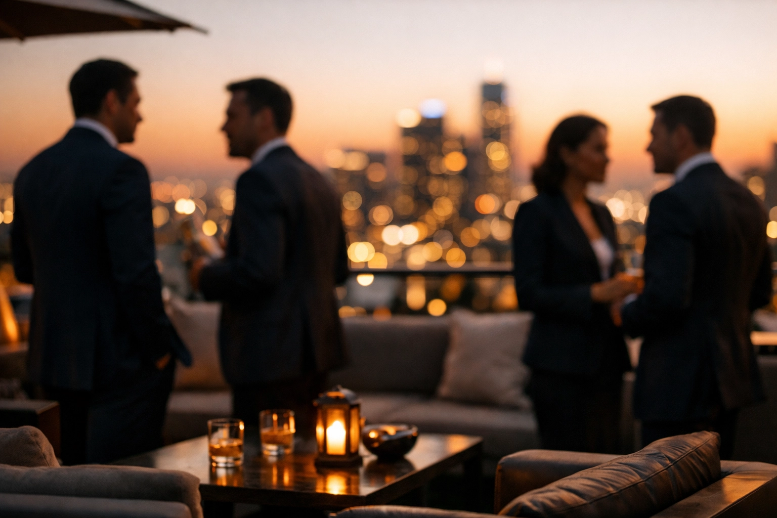 Corporate executives networking at a luxury rooftop lounge during a Super Bowl business event.