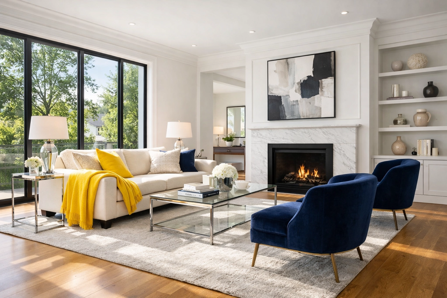 A spotless luxury living room in Newton showcasing results of professional house cleaning services.