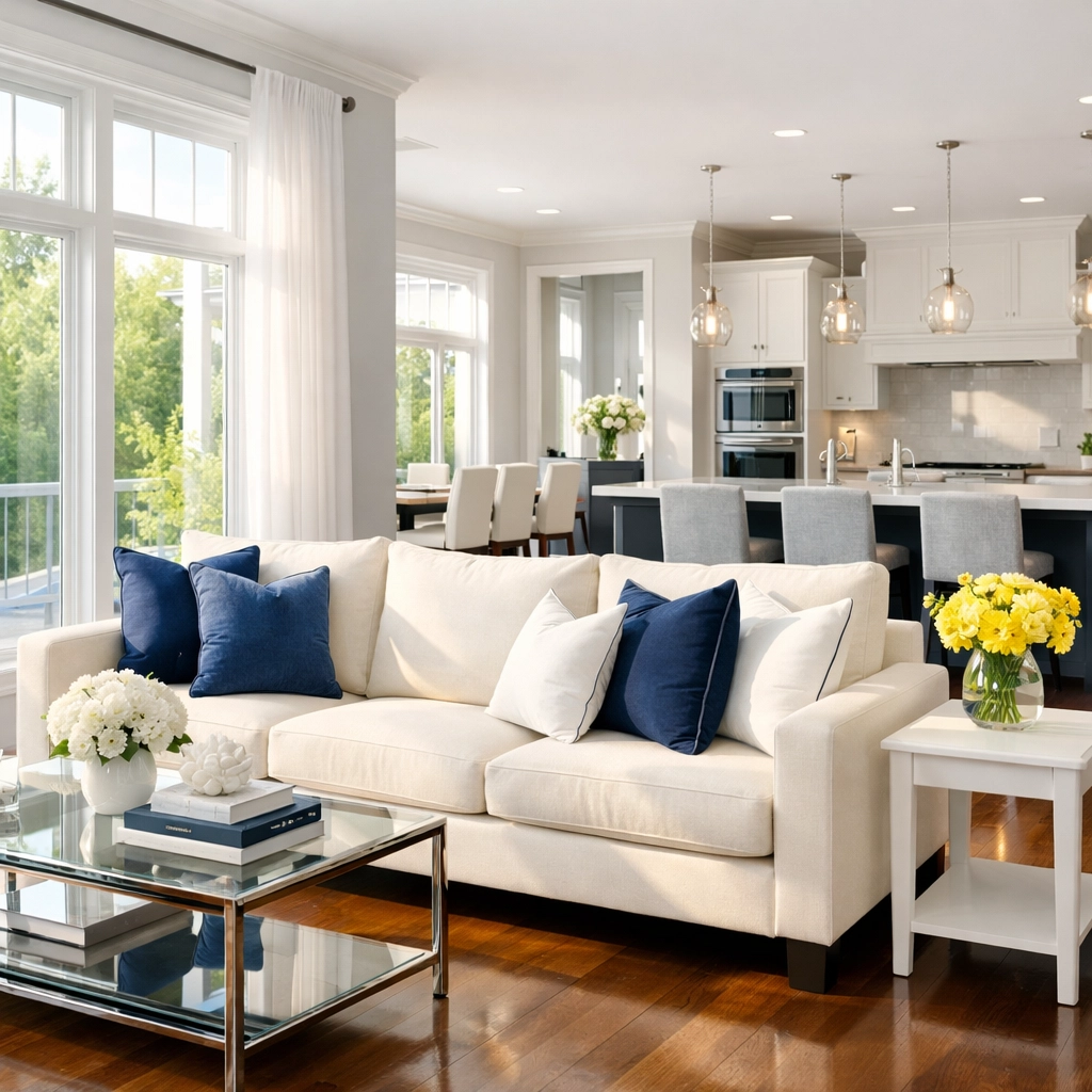 Spotless living room in Pepperell MA showcasing the results of recurring house cleaning services.