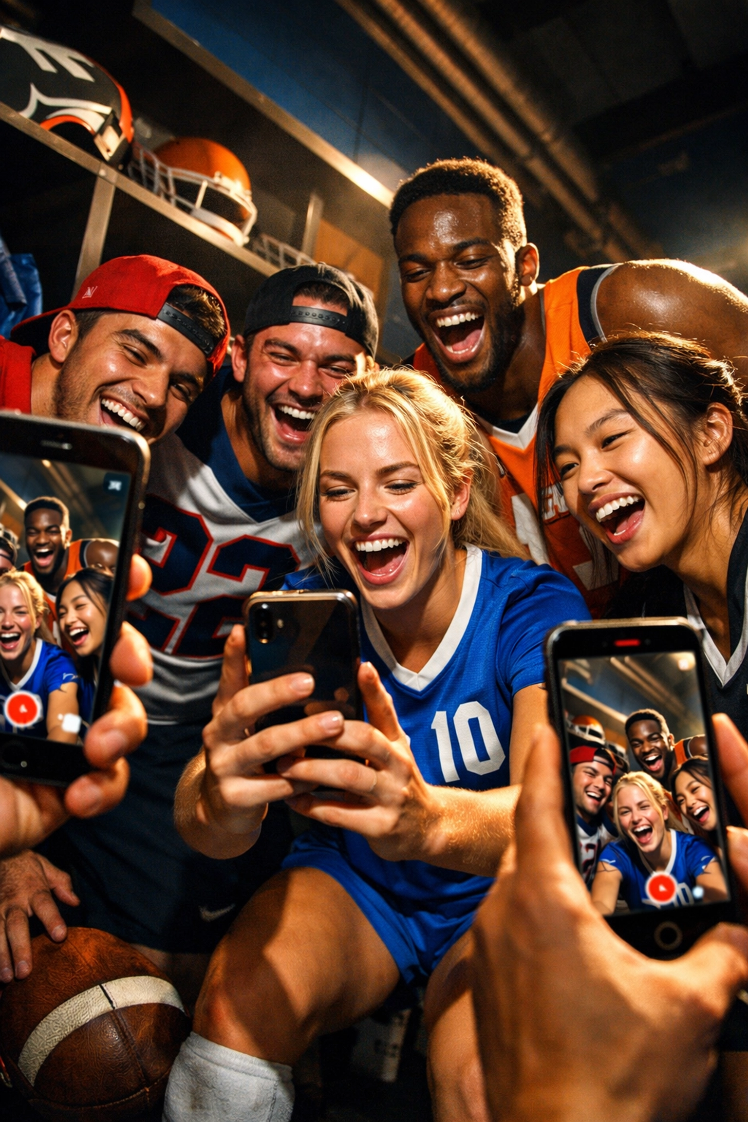 College athletes filming TikTok content together in locker room for NIL social media campaign