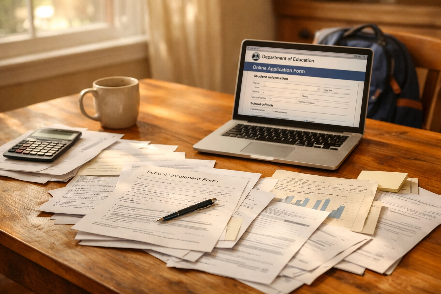 Parent reviewing Texas Education Freedom Account (TEFA) 2026 application paperwork for a Texas ESA at a kitchen table