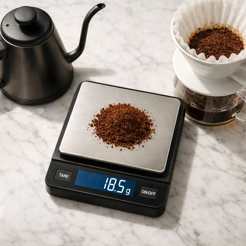 Digital scales measuring ground coffee for precise home barista brewing ratios