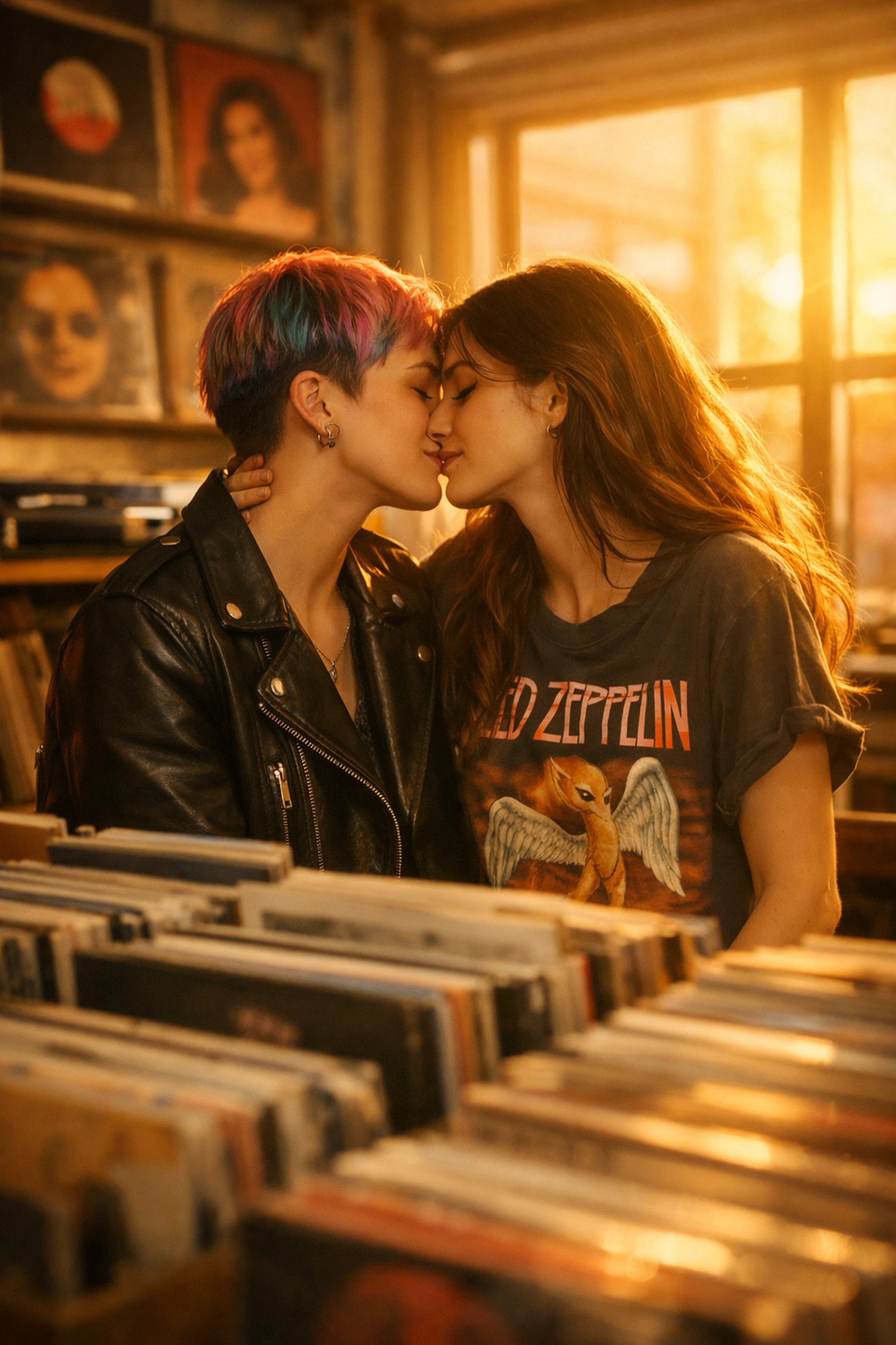 Lesbian couple sharing an intimate moment surrounded by vinyl records in a music store