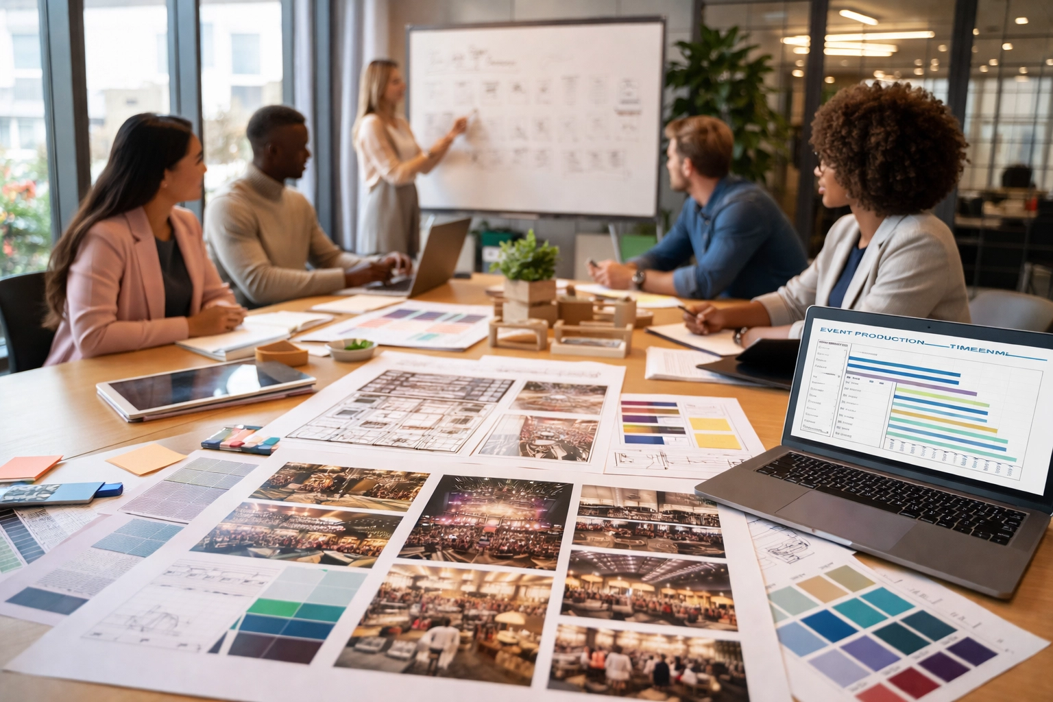 Creative production team planning a brand event with blueprints and mood boards in modern conference room