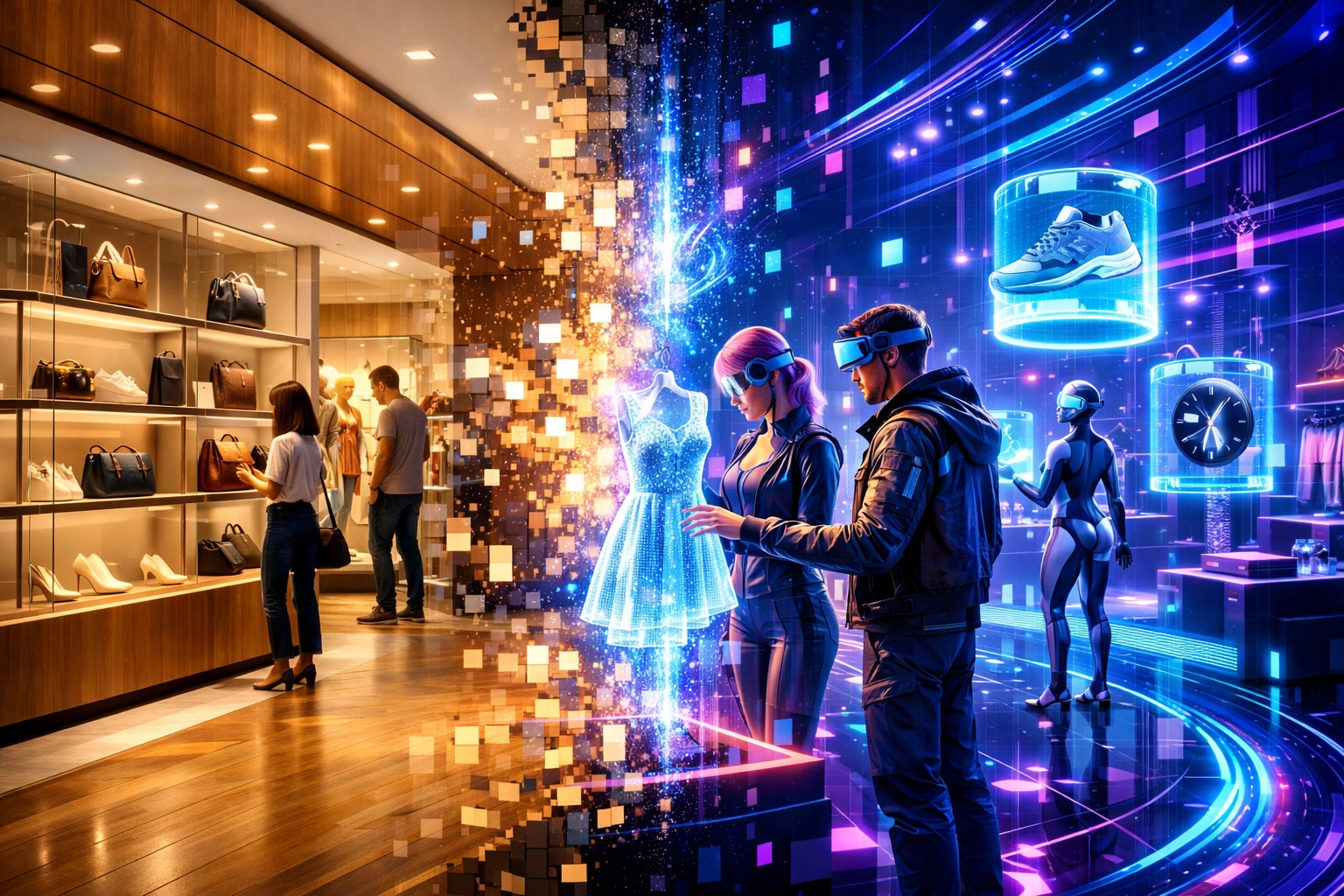 Physical retail storefront merging with VR metaverse shopping environment showing future of commerce