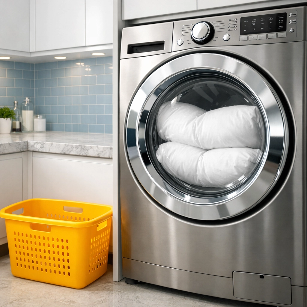 Machine washing two white pillows in a modern laundry room to maintain cleanliness and freshness.
