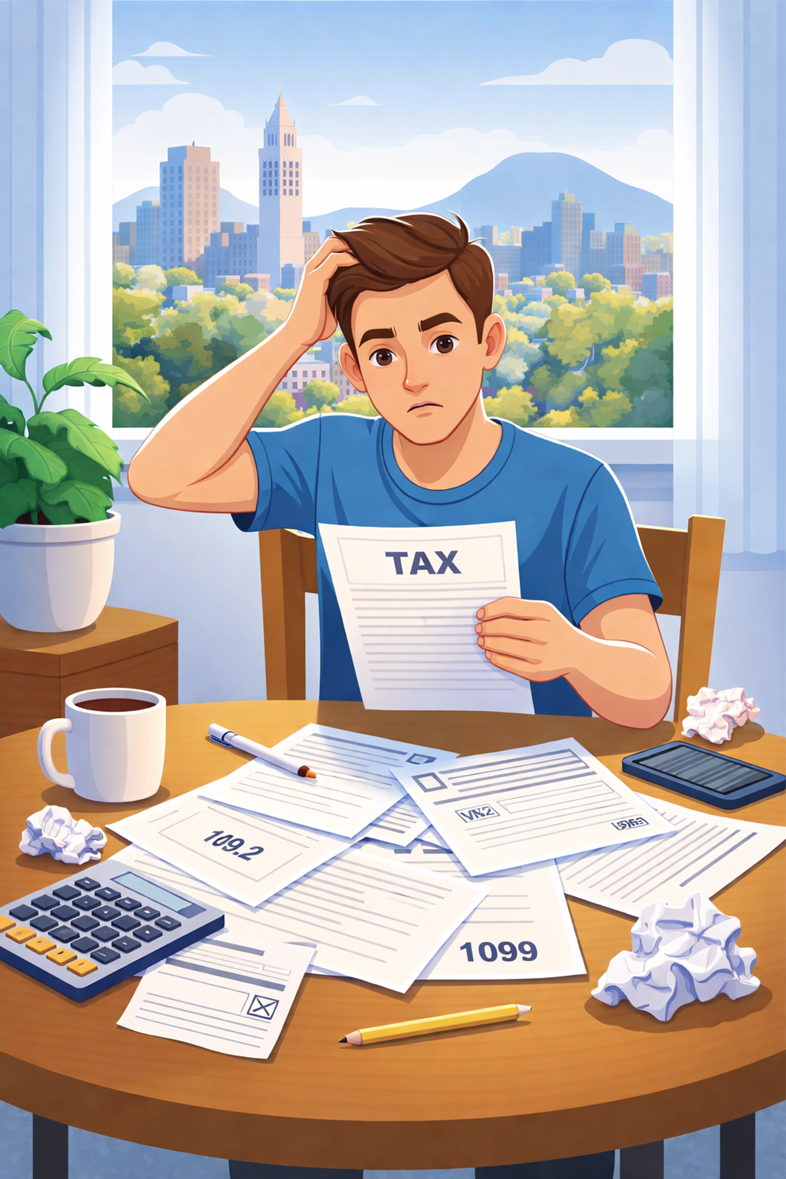 Confused taxpayer at table with tax forms in New Haven, highlighting amended tax return requirements.