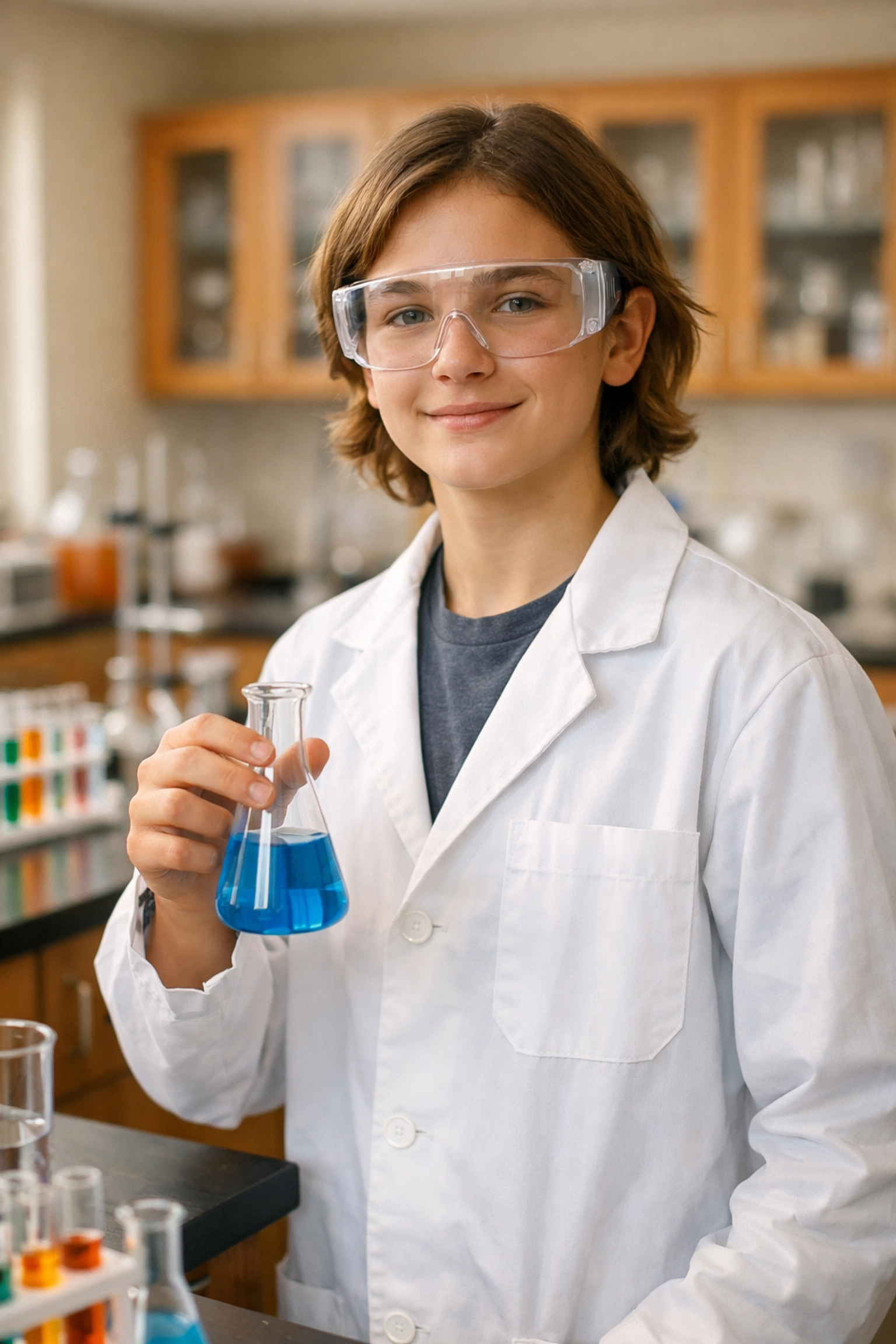 Confident student in lab coat holding flask during A-Level Chemistry practical assessment