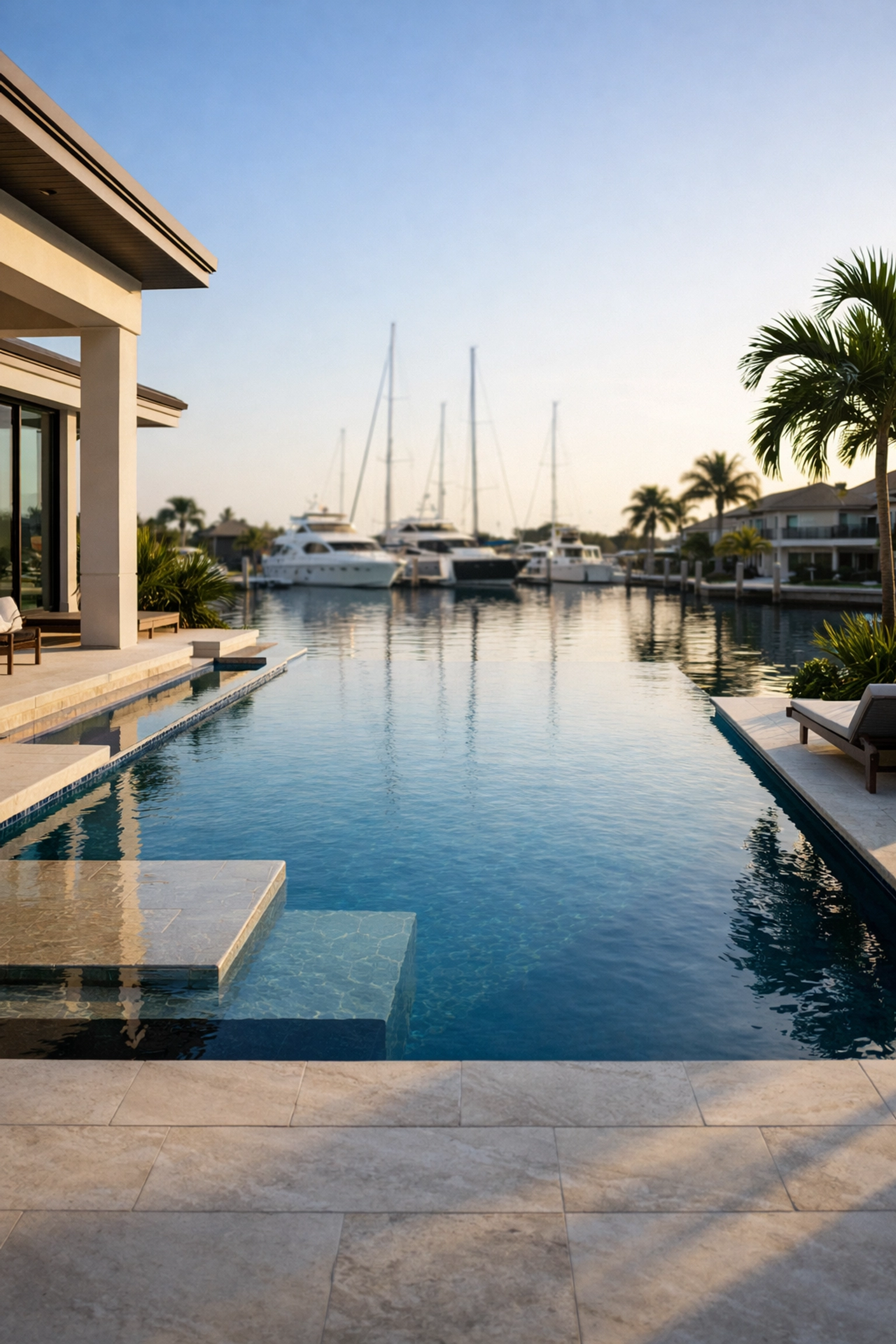 Luxury real estate in Southwest Cape Coral featuring a modern infinity pool and canal view.