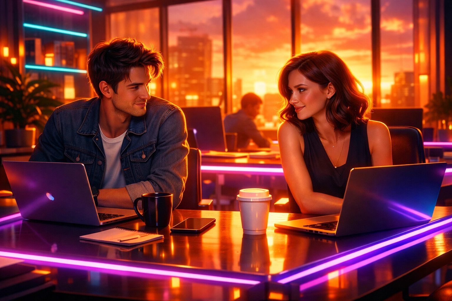 Two coworkers sharing a knowing glance across office desk during workplace romance
