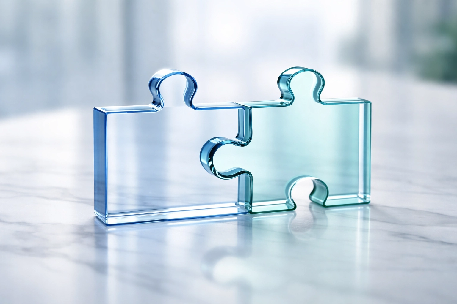 Two glass puzzle pieces fitting together on a marble surface, symbolizing the integration of marketing mix modeling and attribution in measurement strategy.
