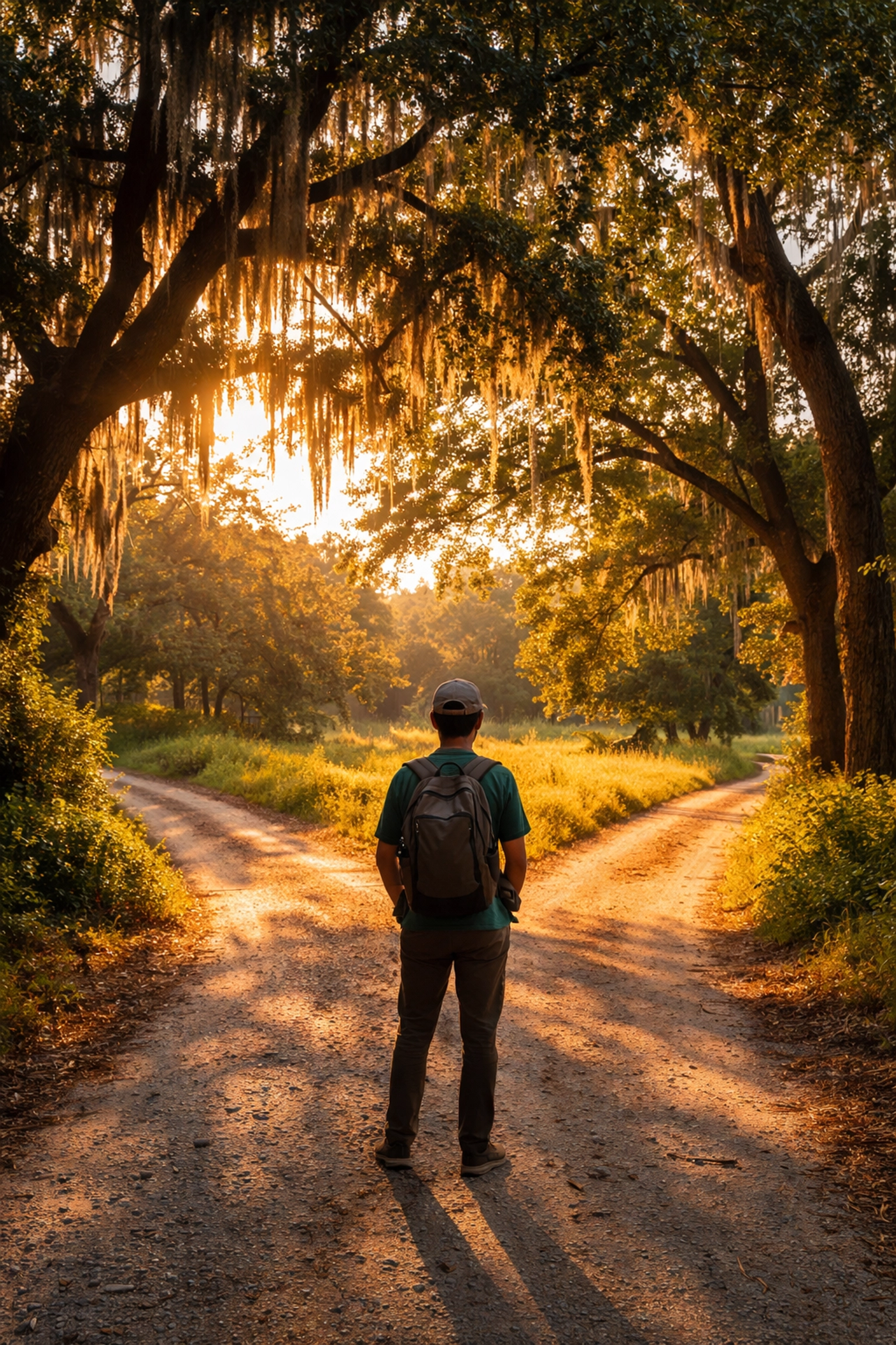 A person pauses at a crossroads on a peaceful Georgia road, symbolizing thoughtful real estate decisions.