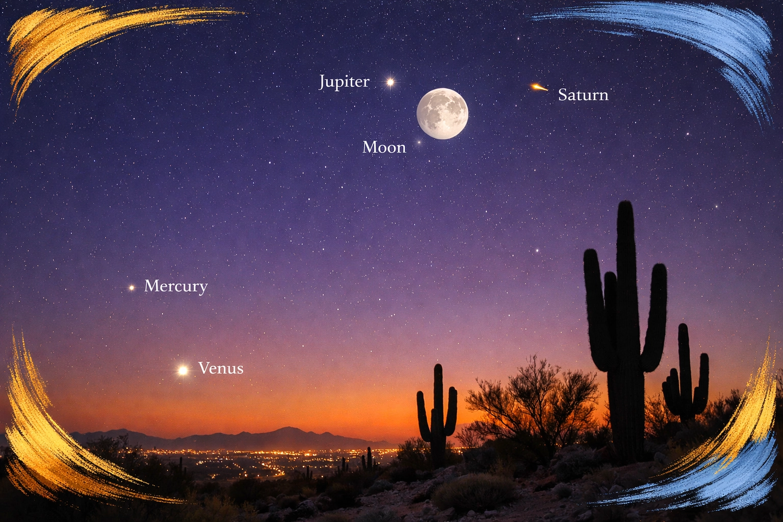 Six-planet alignment over Phoenix West Valley desert with saguaro cacti at twilight Six-planet alignment over Phoenix West Valley desert with saguaro cacti at twilight