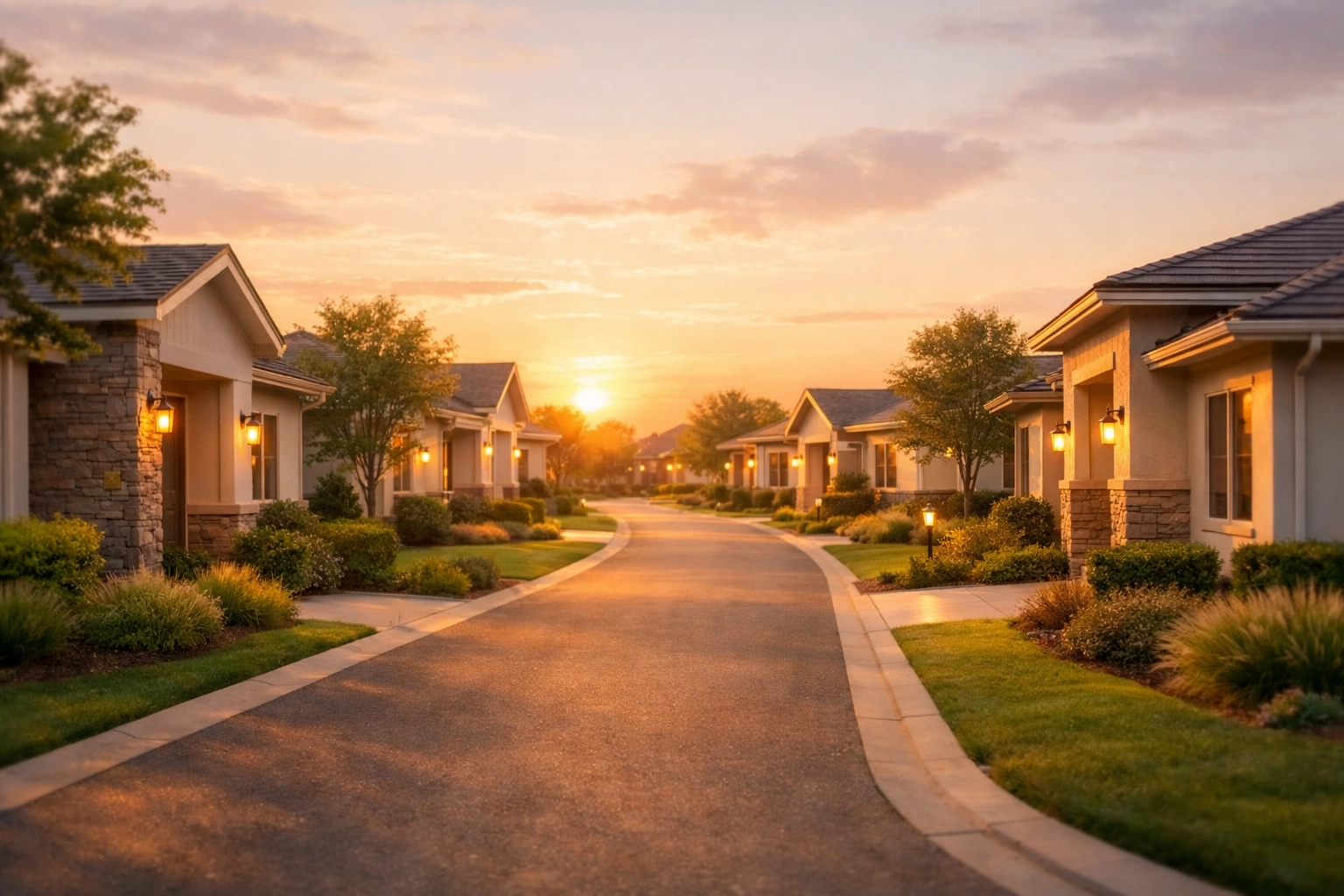 Quiet street with single-story homes in a peaceful 55 and over community in Bucks County PA.