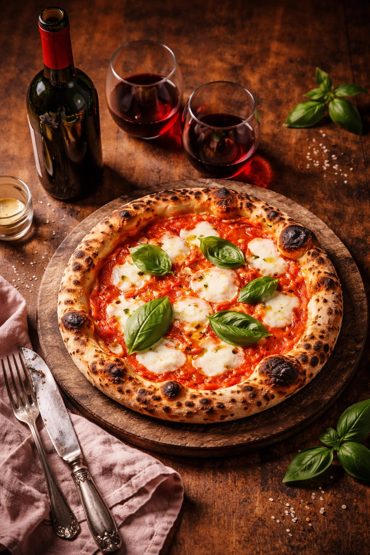 Fresh Neapolitan pizza with charred crust and wine, perfect for Felixstowe weekend pizza takeaway nights.