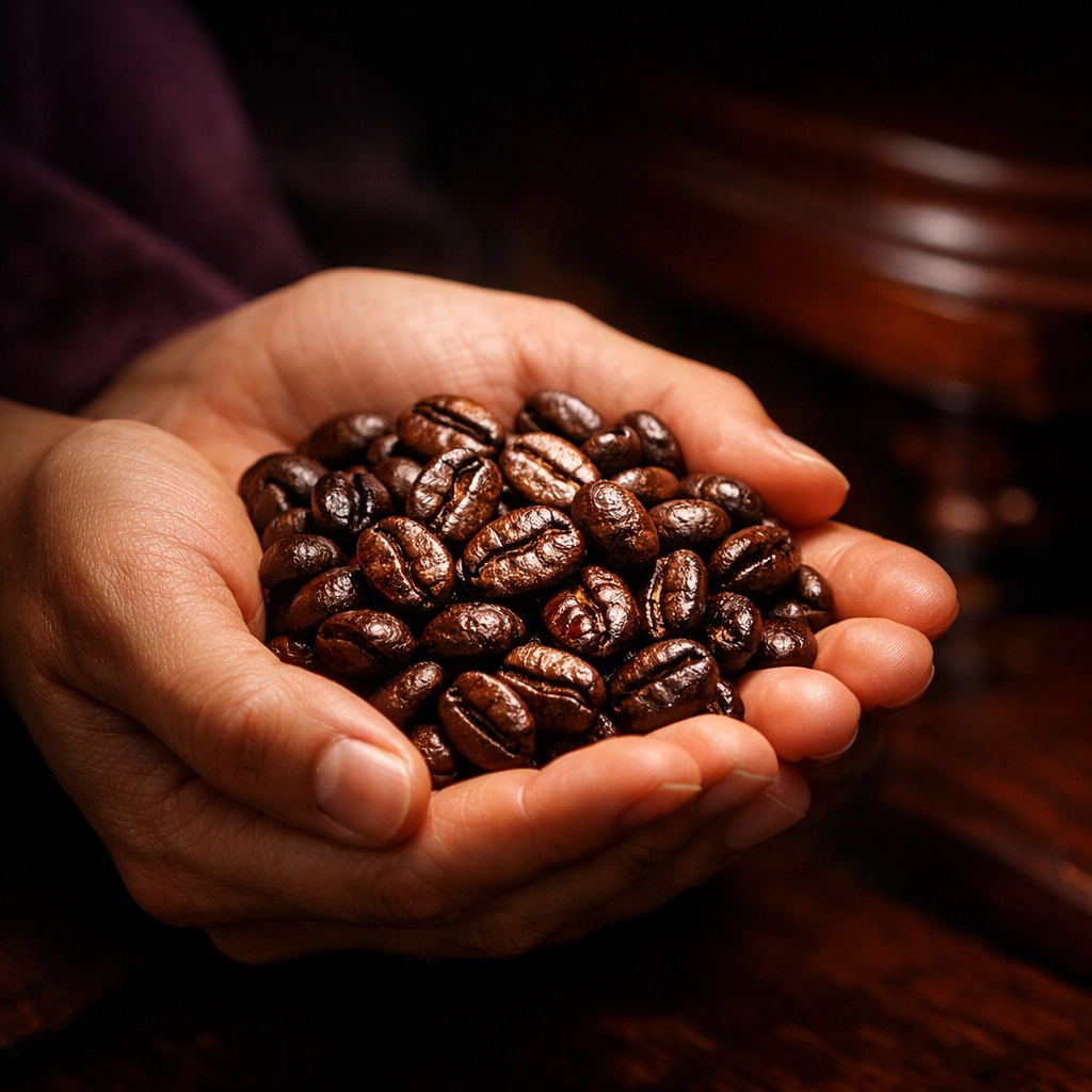 Freshly roasted specialty coffee beans held in cupped hands, showcasing ethical sourcing and gourmet quality.