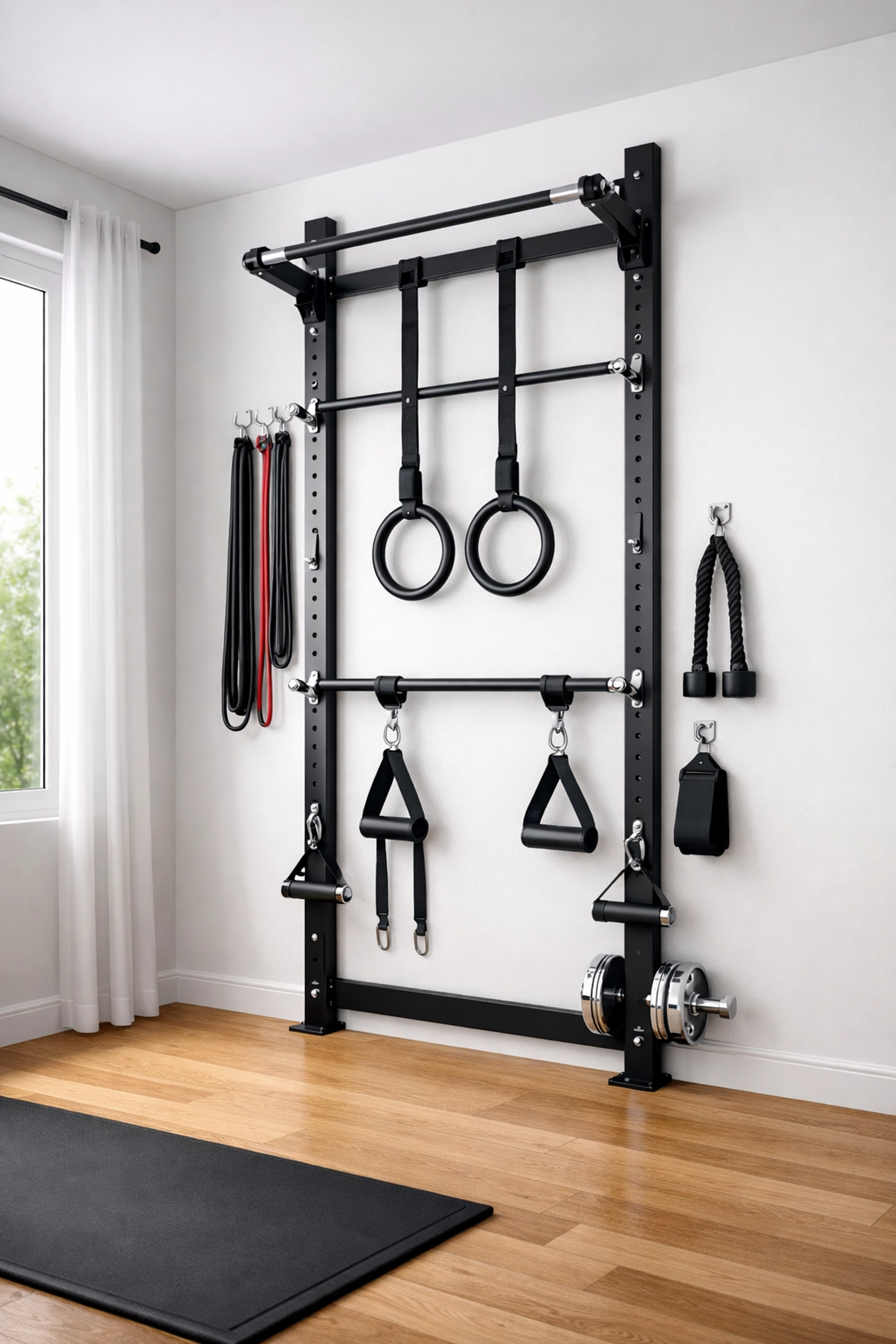 Versatile home gym equipment setup with floor-to-ceiling resistance training system and pull-up bar