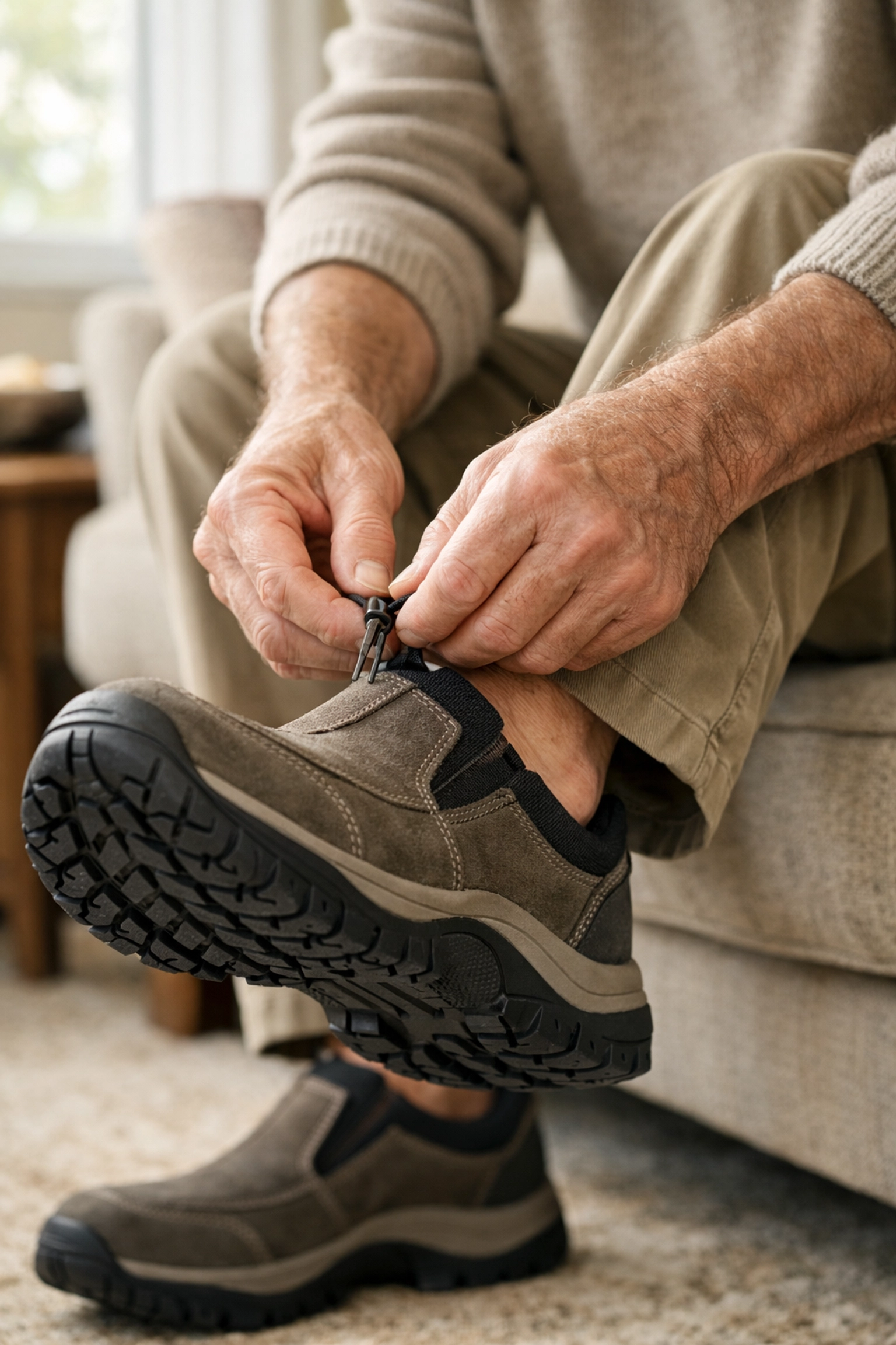Senior wearing sturdy non-slip shoes with rubber soles to improve balance and prevent falls at home.
