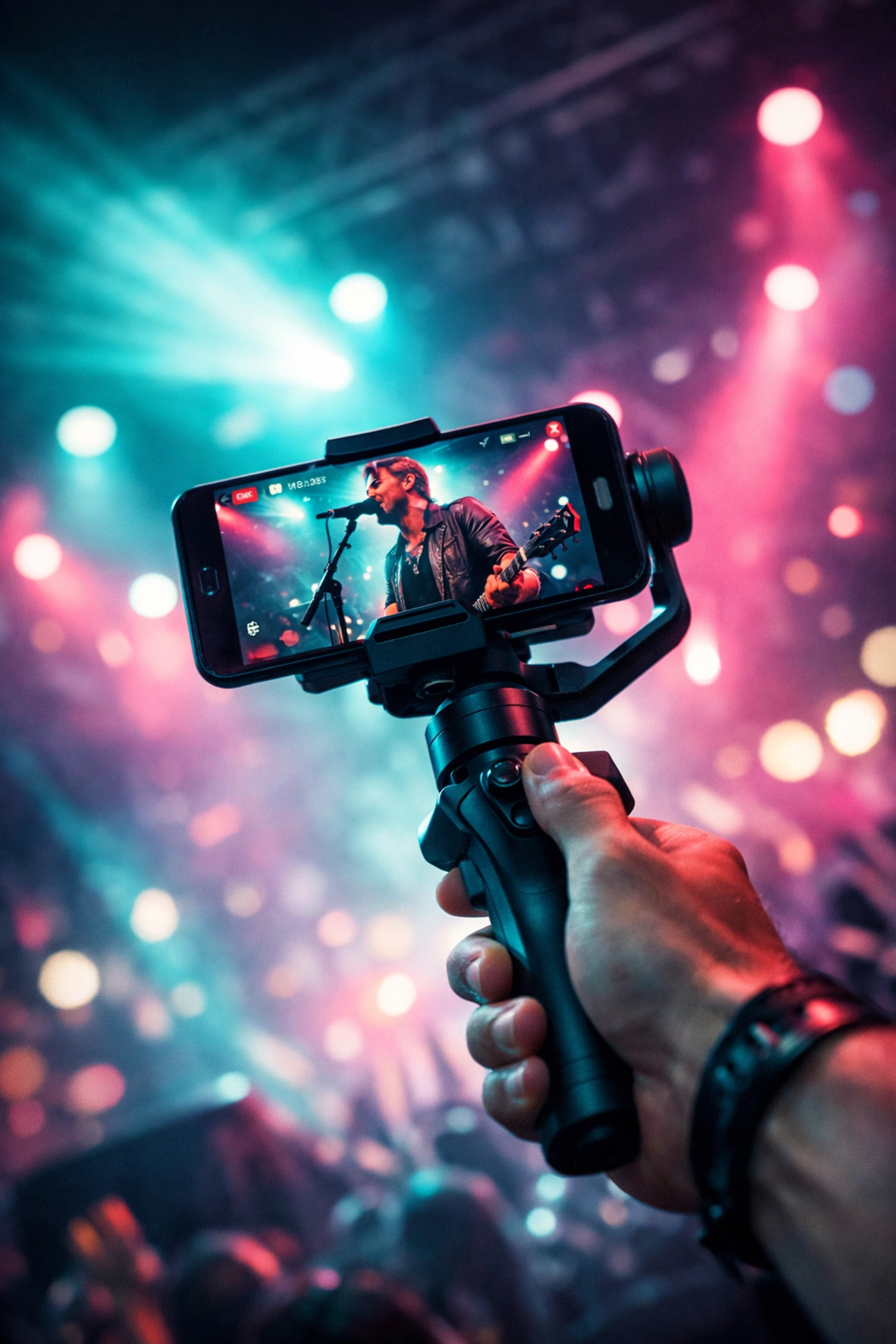 Independent artist filming a live concert performance on a smartphone for social media marketing and fan engagement.