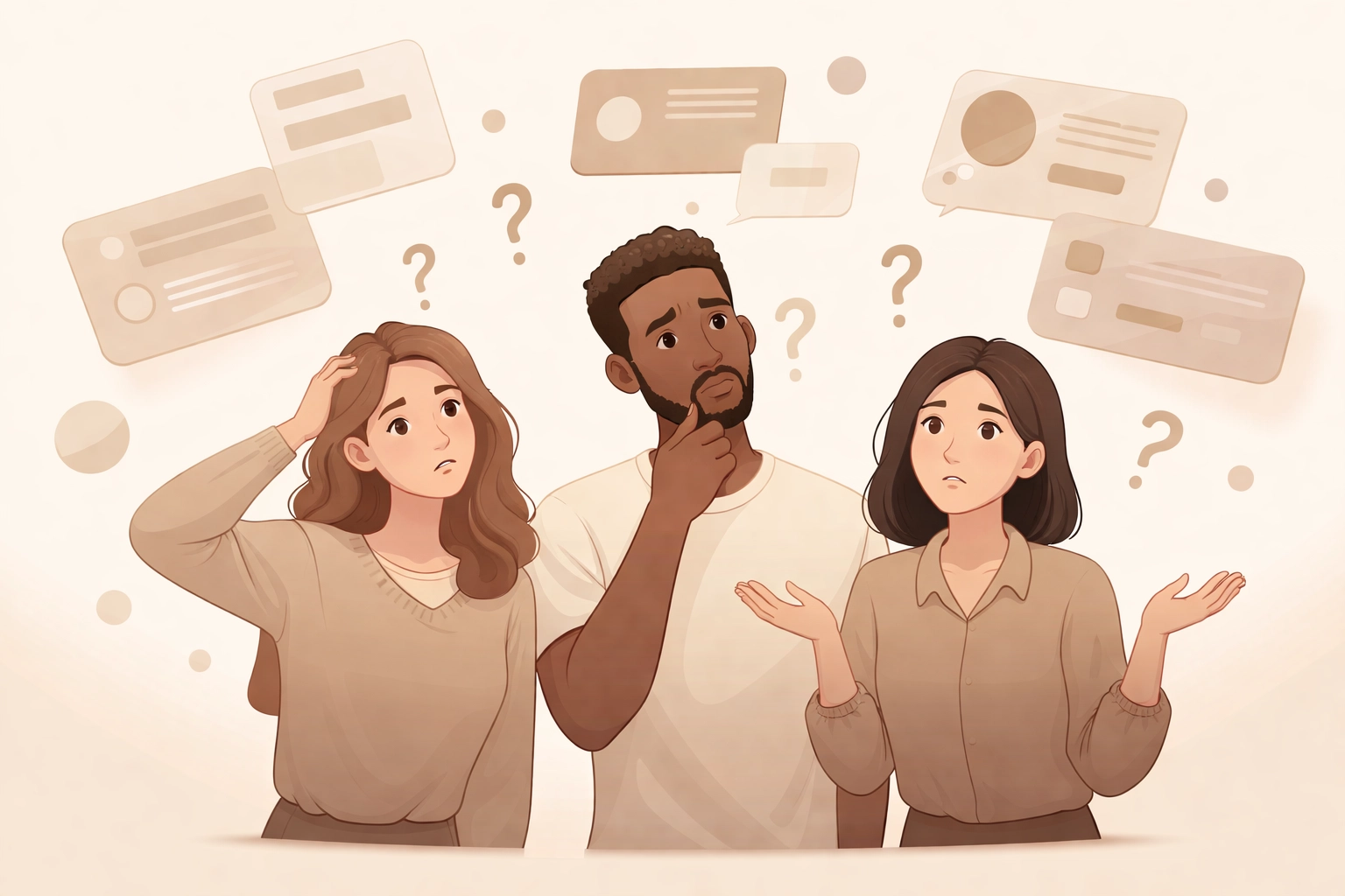 Diverse group confused by app interface, highlighting UX audit and user experience challenges