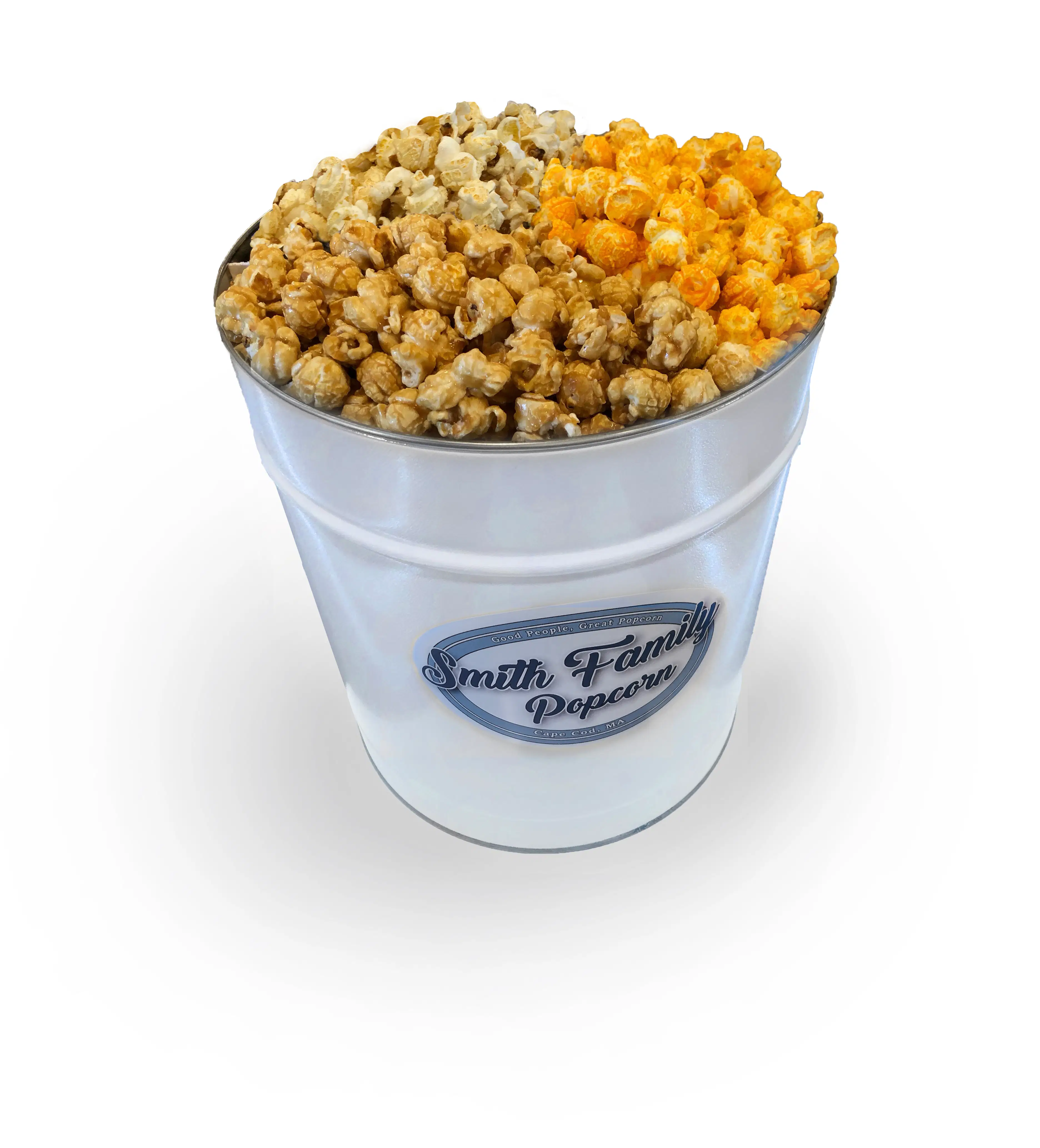 A premium Smith Family Popcorn tin in signature white, containing three classic small-batch flavors.