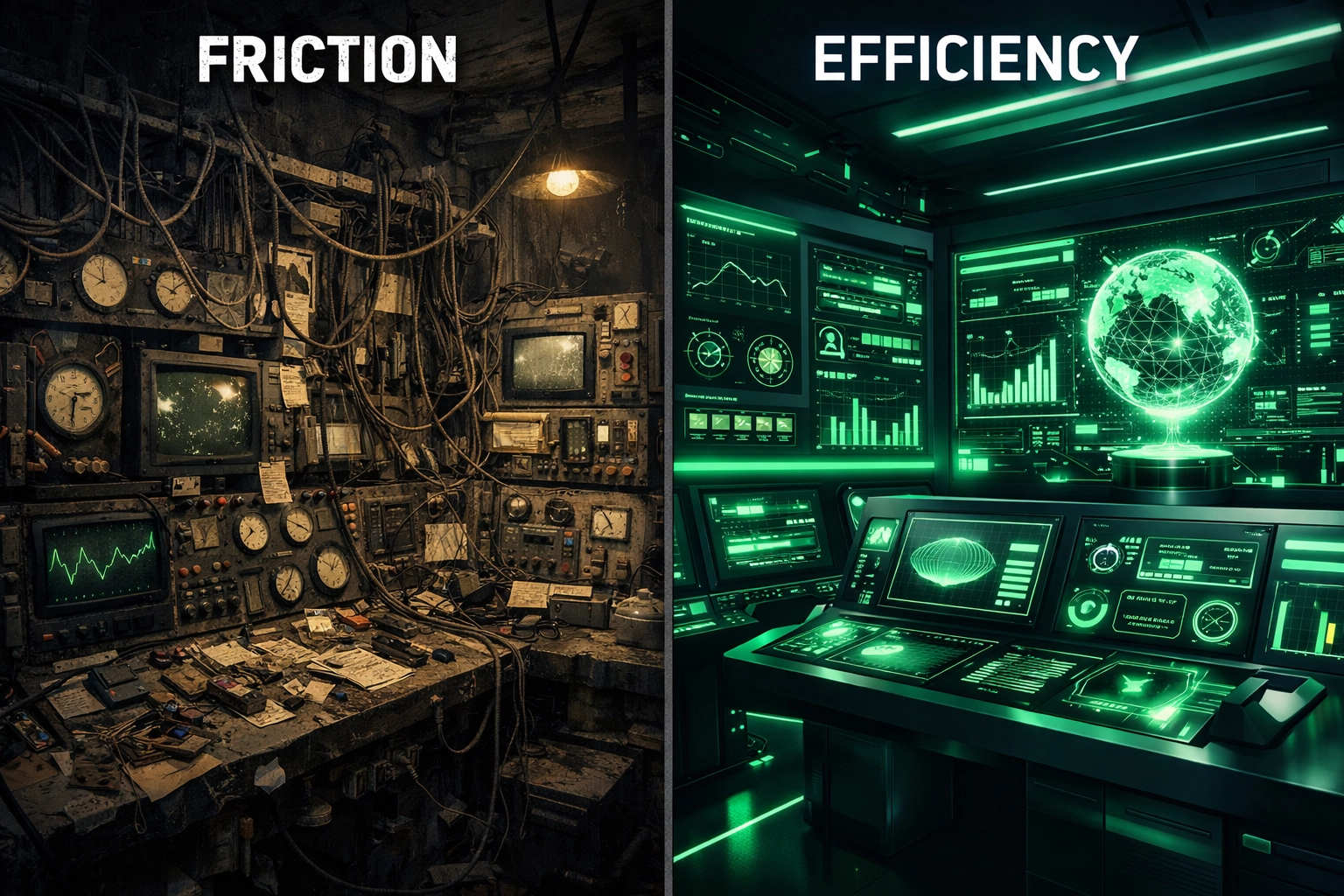 A comparison of a chaotic control room and a streamlined digital interface showing efficient UI design solutions.