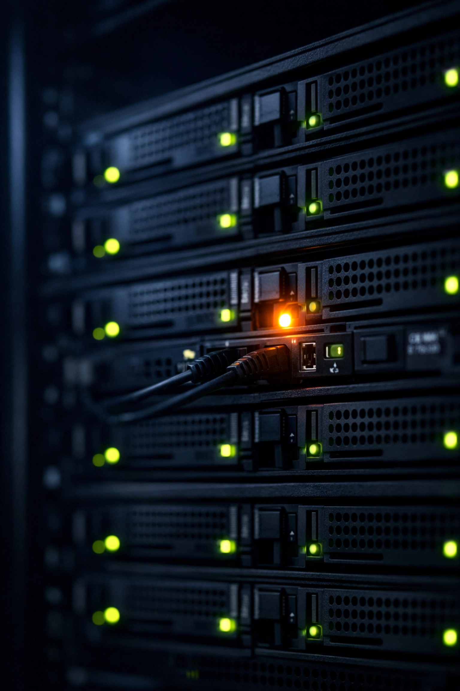 Server rack with a warning light indicating a hidden technical glitch in an automated billing system.