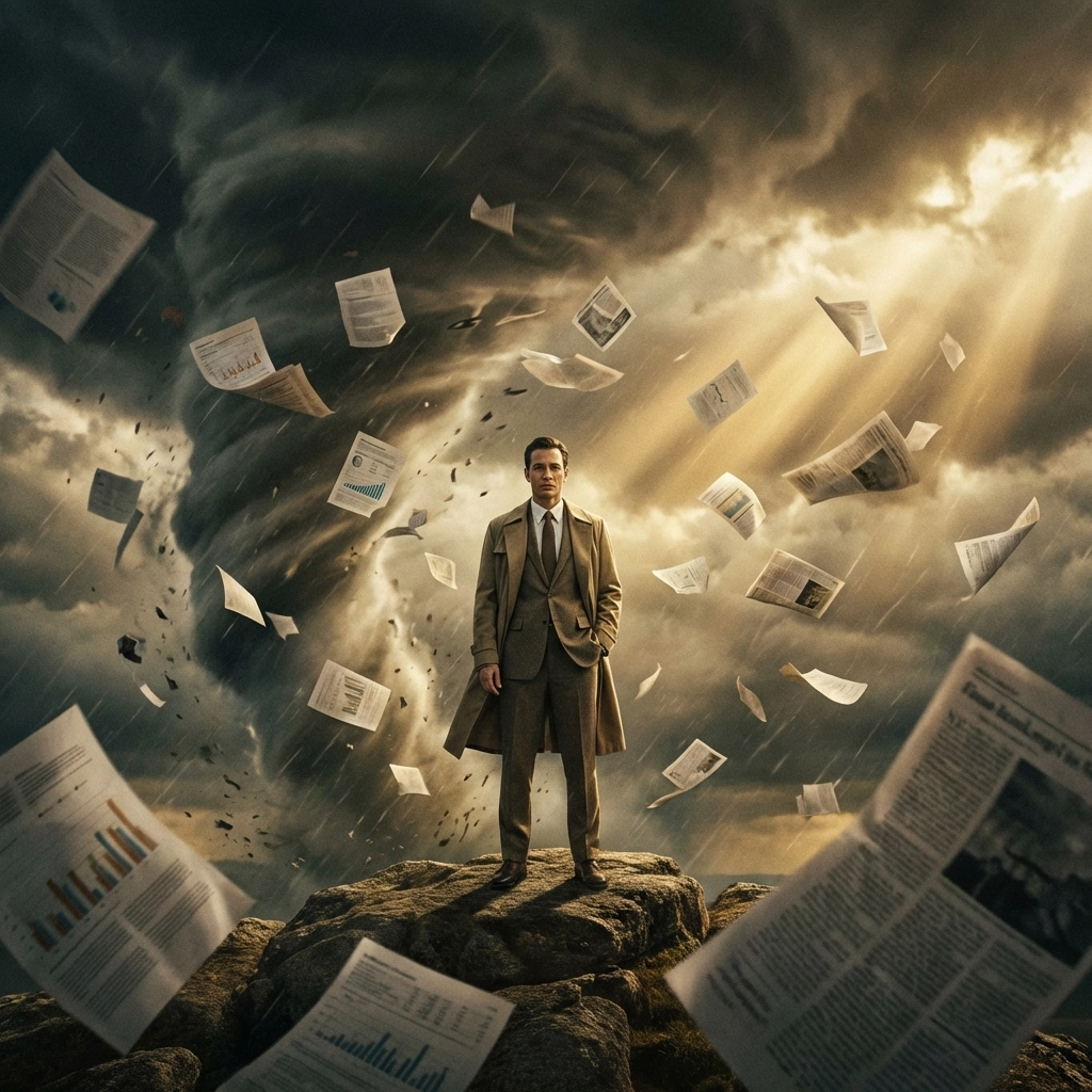 Professional calmly standing amid financial chaos, highlighting the importance of staying disciplined with diversification strategies.