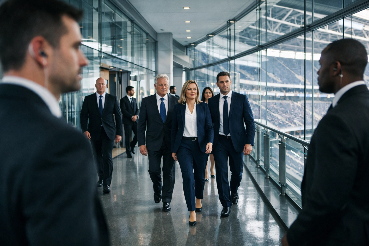 Executive protection detail escorting corporate leaders through secure Super Bowl venue corridors.