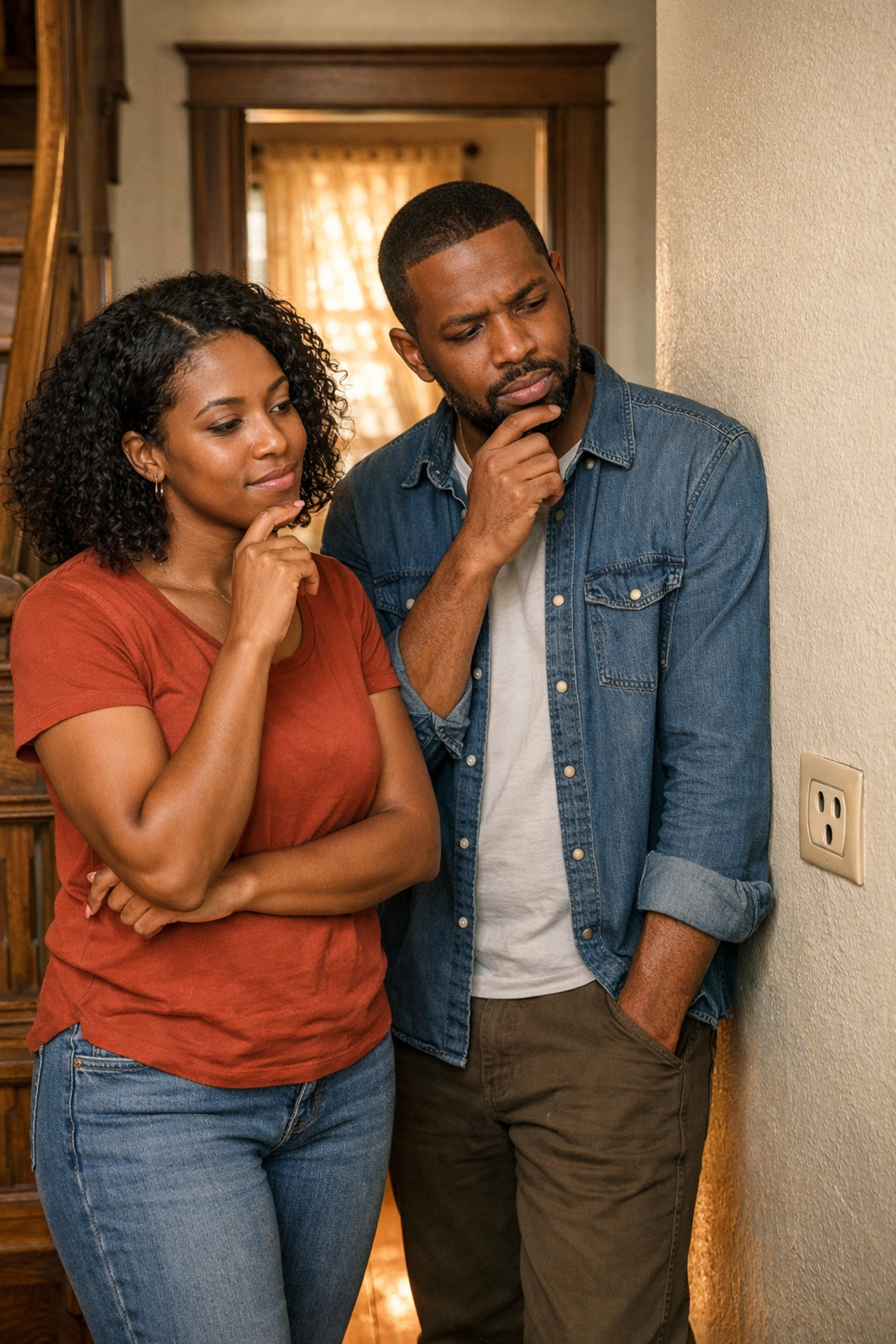 Couple evaluating an older two-prong outlet for electrical upgrades in their home