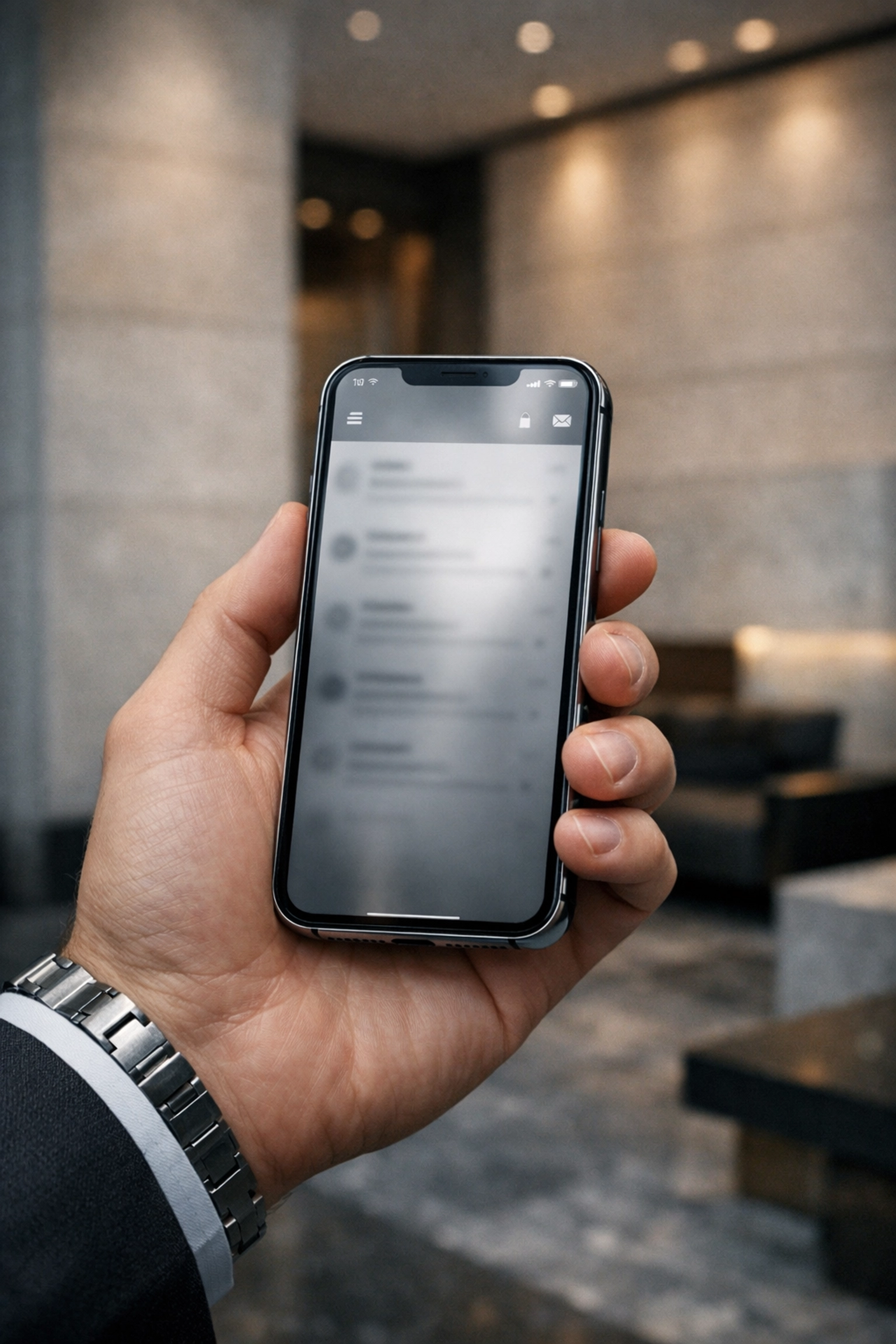 Close-up of a business professional using the Outlook mobile app to access a secure shared mailbox.