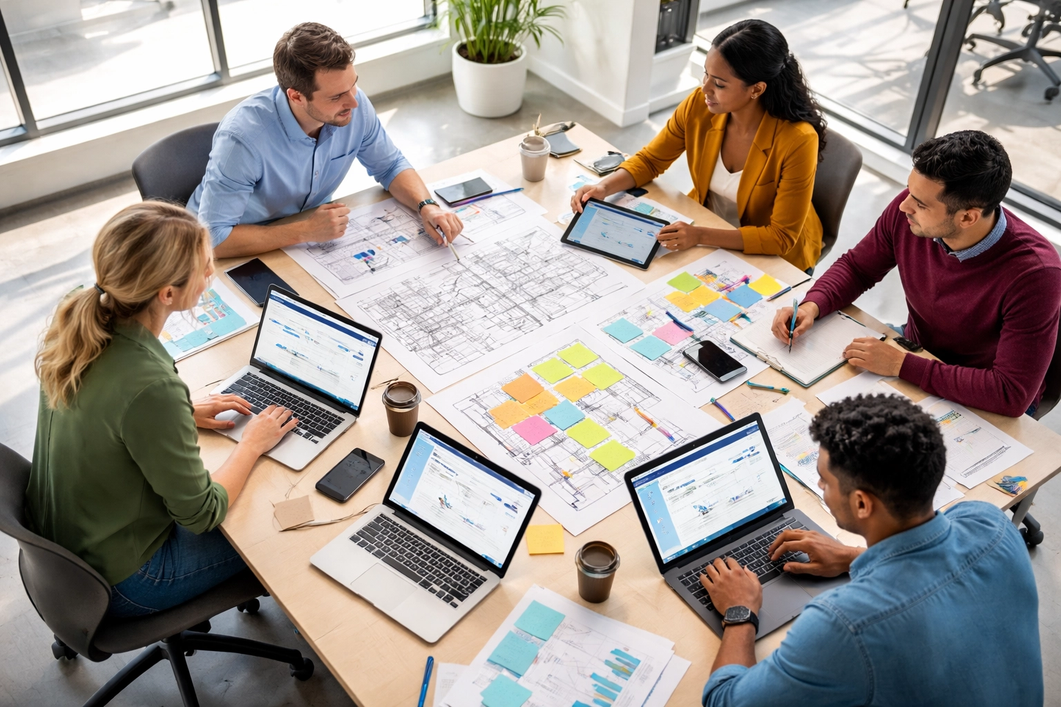 Consultants collaborating on ServiceNow ITOM optimization, reviewing architecture diagrams and network maps in a bright workspace