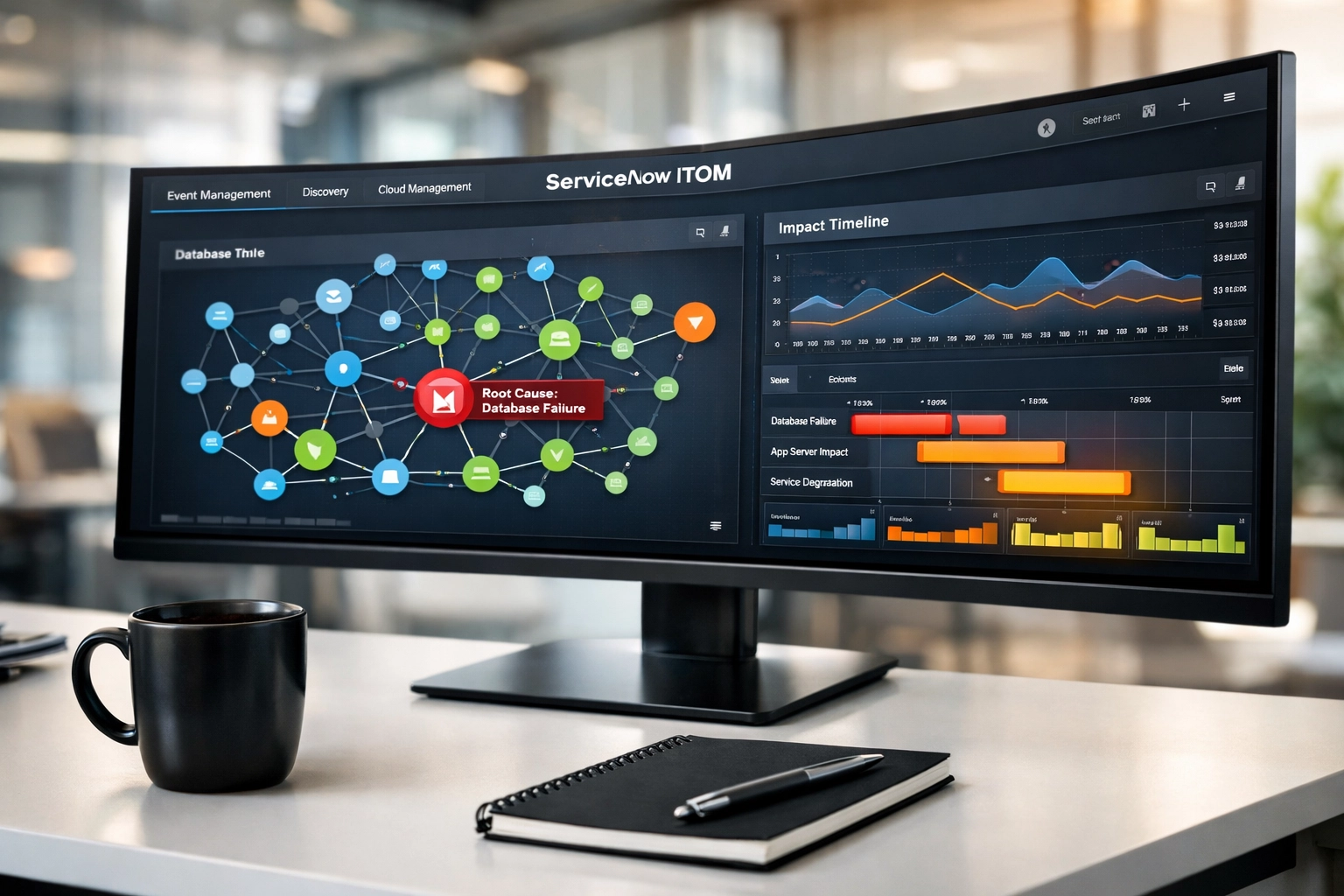 ServiceNow ITOM dashboard displaying root cause analysis with interconnected infrastructure nodes