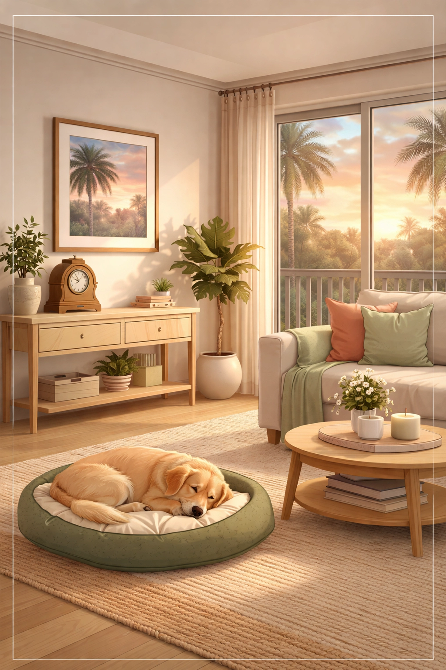 Cozy Florida living room with family heirlooms and a golden retriever, highlighting genuine residency on Jupiter Island.