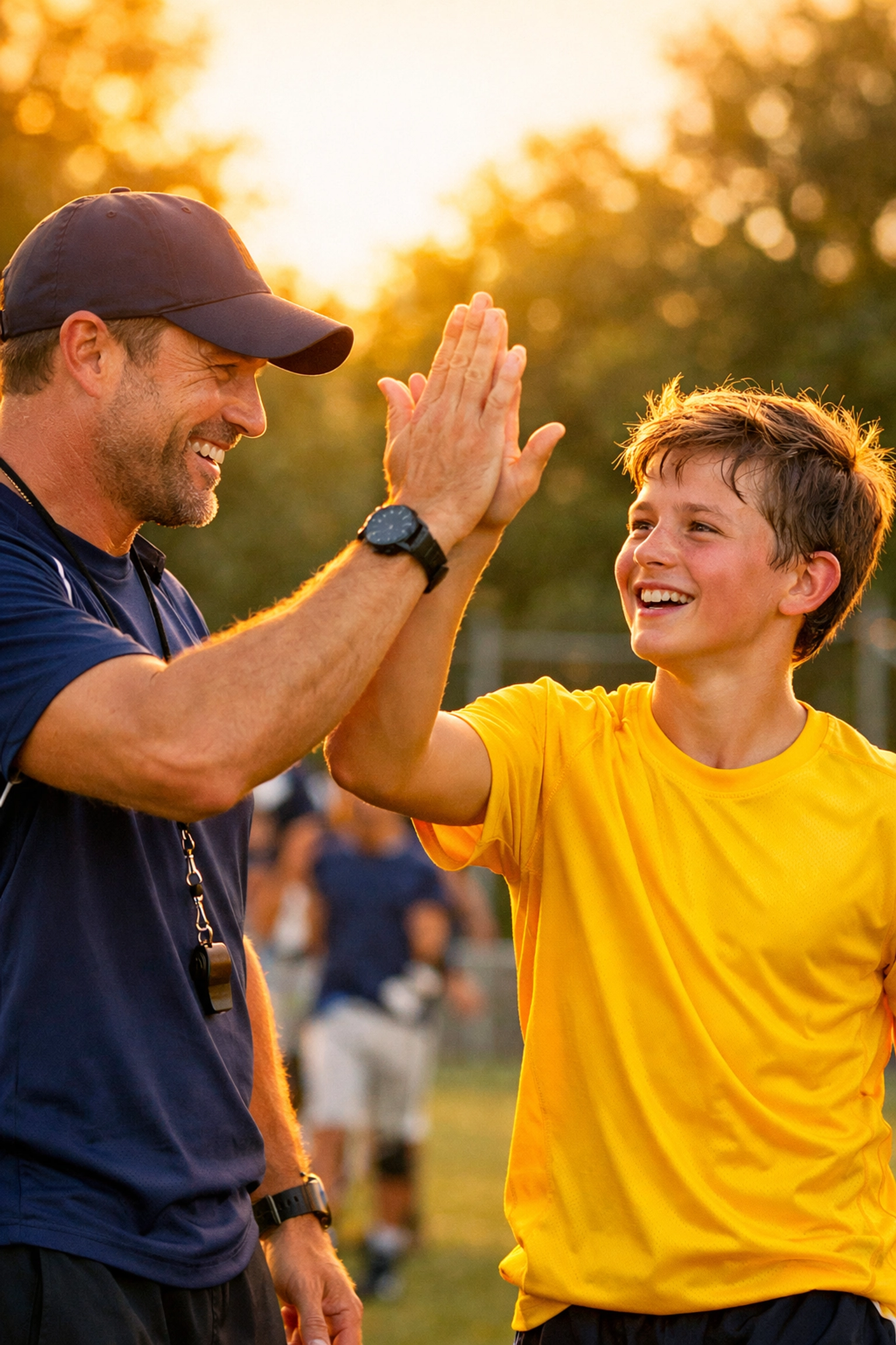 Youth athlete in a yellow moisture-wicking sports shirt high-fiving a coach during practice.