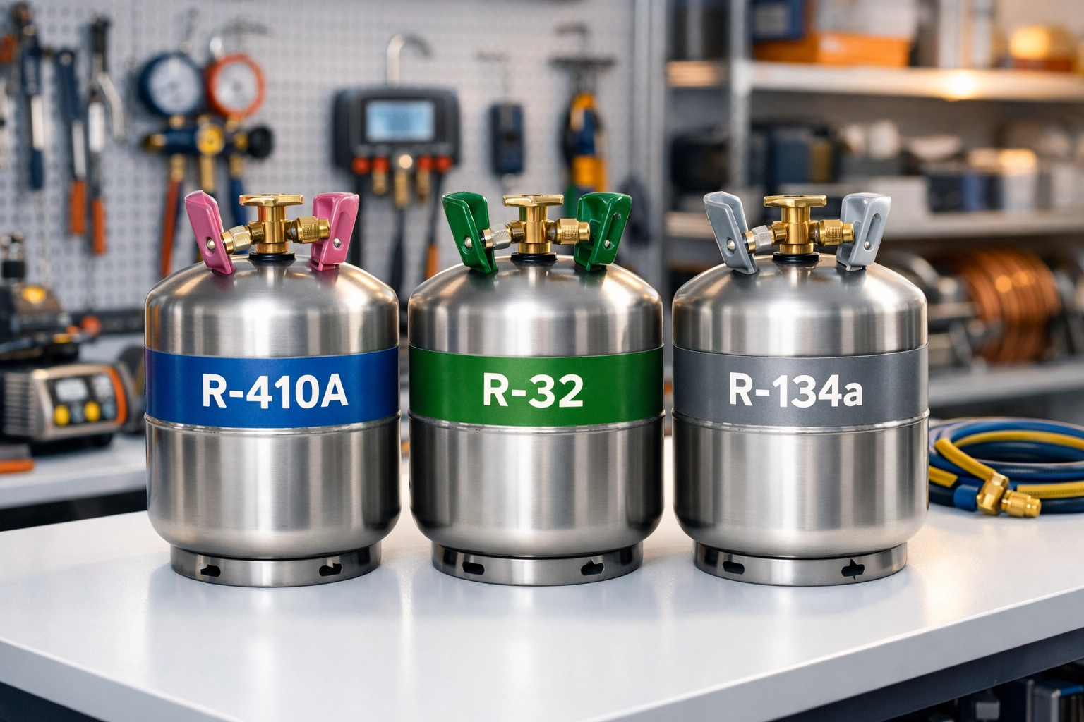 Modern refrigerant cylinders R-454B and R-32 replacing R-410A in HVAC workshop