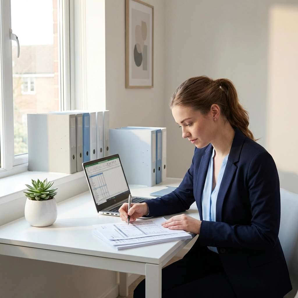 Young tax preparer at a modern desk reviewing documents, symbolizing IRS certification requirements in 2026