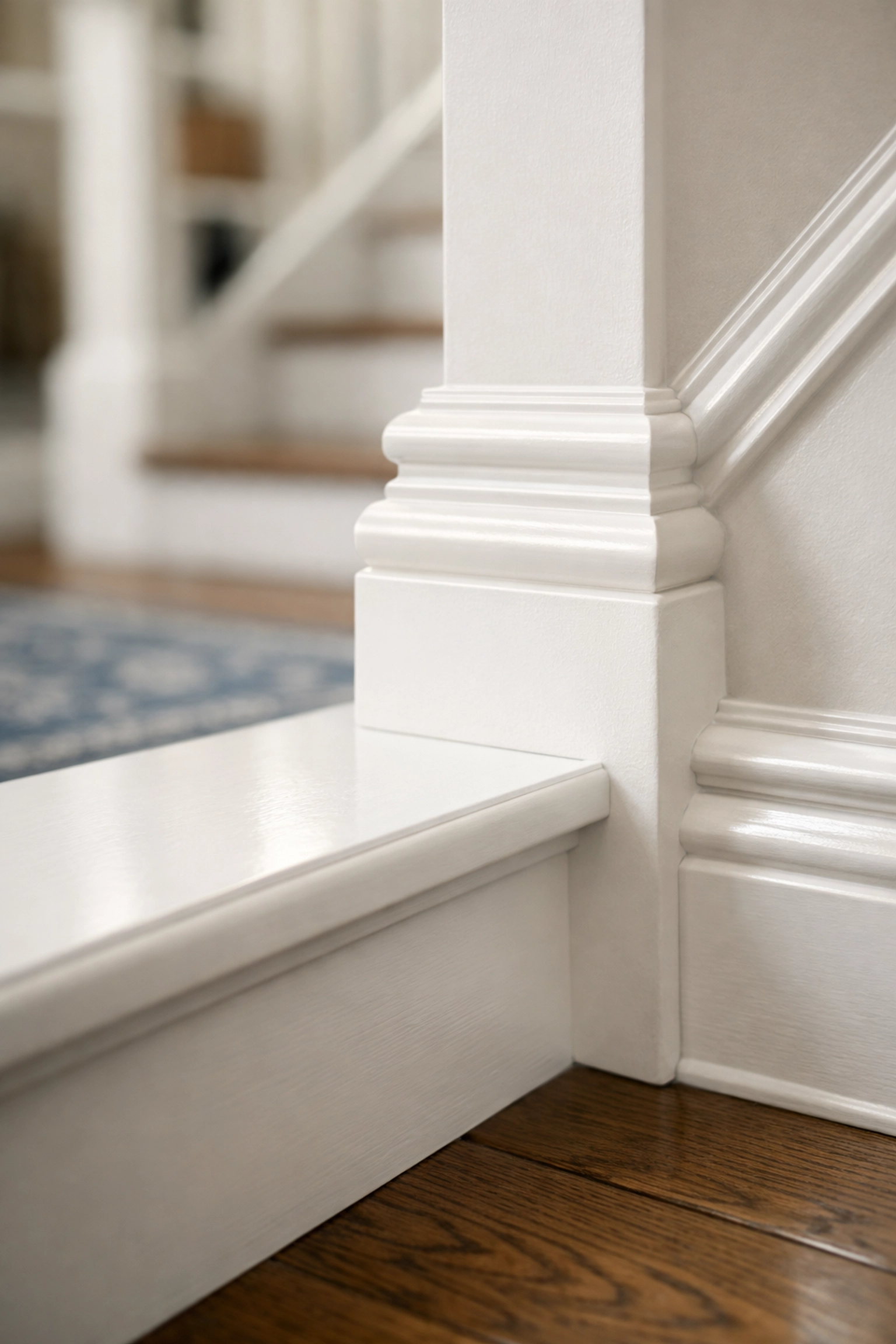 Detailed view of dust-free baseboards and stairs showing high house cleaning standards in Shrewsbury.