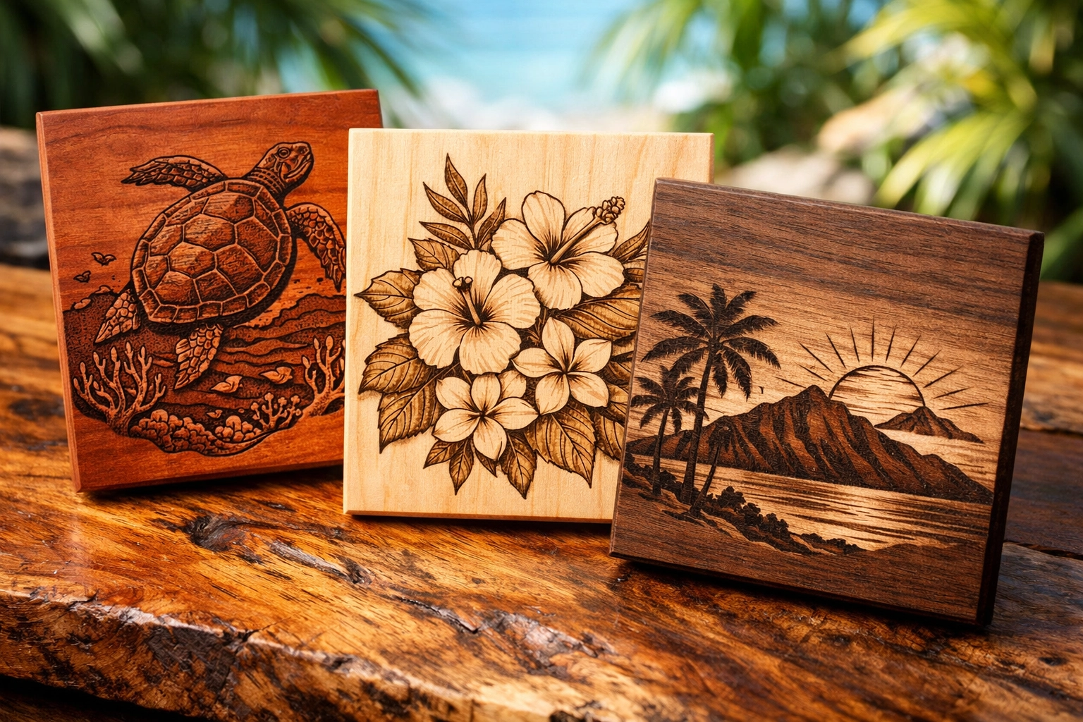 Laser-engraved wooden plaques in cherry, maple, and walnut with Hawaiian designs for Kona businesses