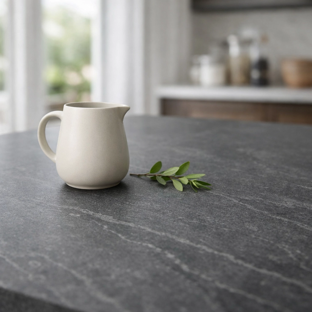 Matte charcoal quartzite kitchen countertop showing durable finishes for a home remodeling Orlando project.