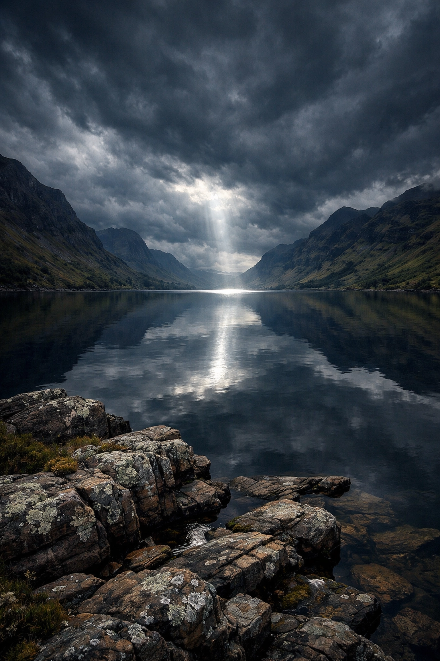 A serene Scottish loch between mountains, ideal for professional and peaceful ash scattering services.