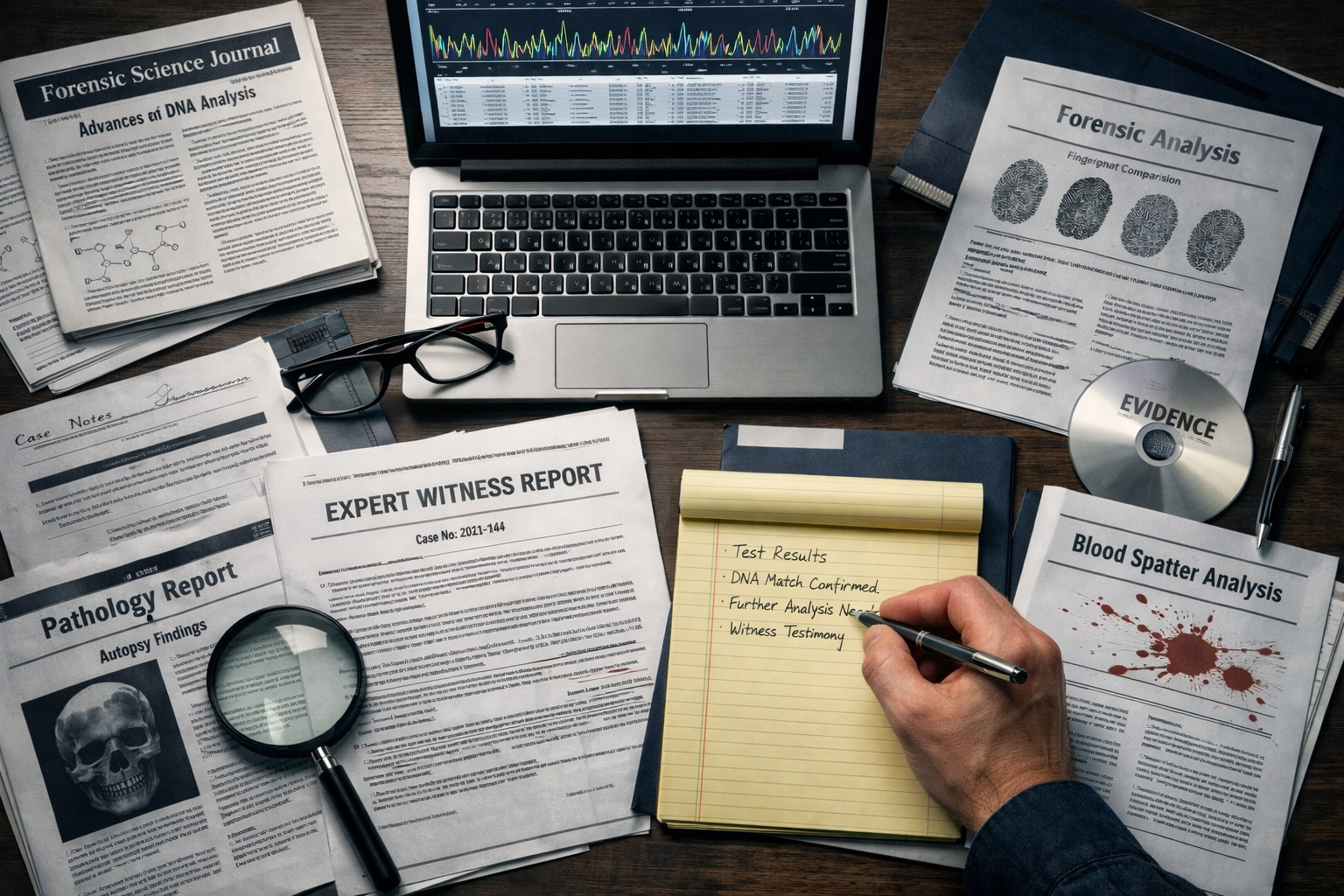 Forensic analysis reports and DNA data on criminal defense investigator's desk