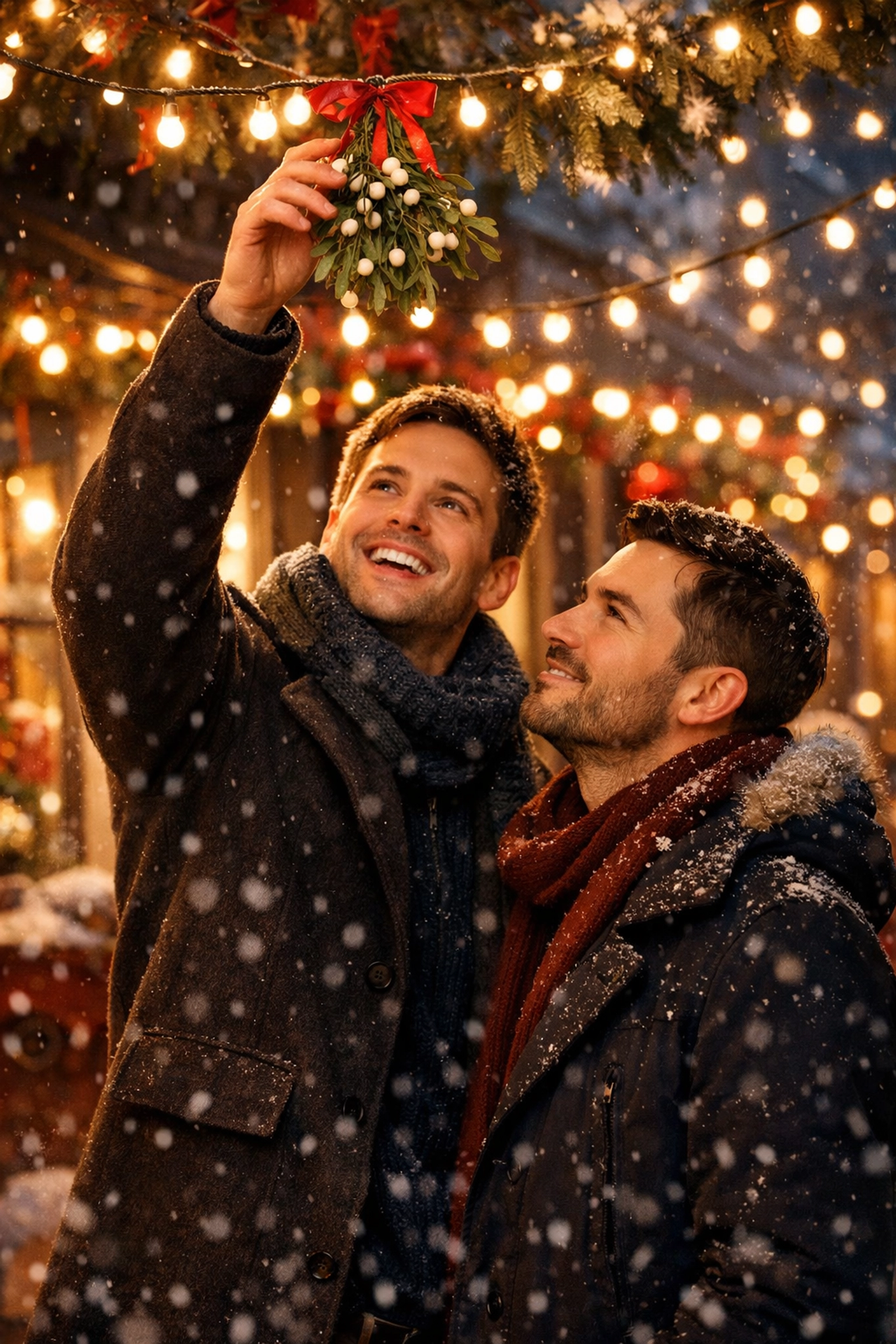 Two men sharing romantic moment under mistletoe in holiday setting for gay romance story