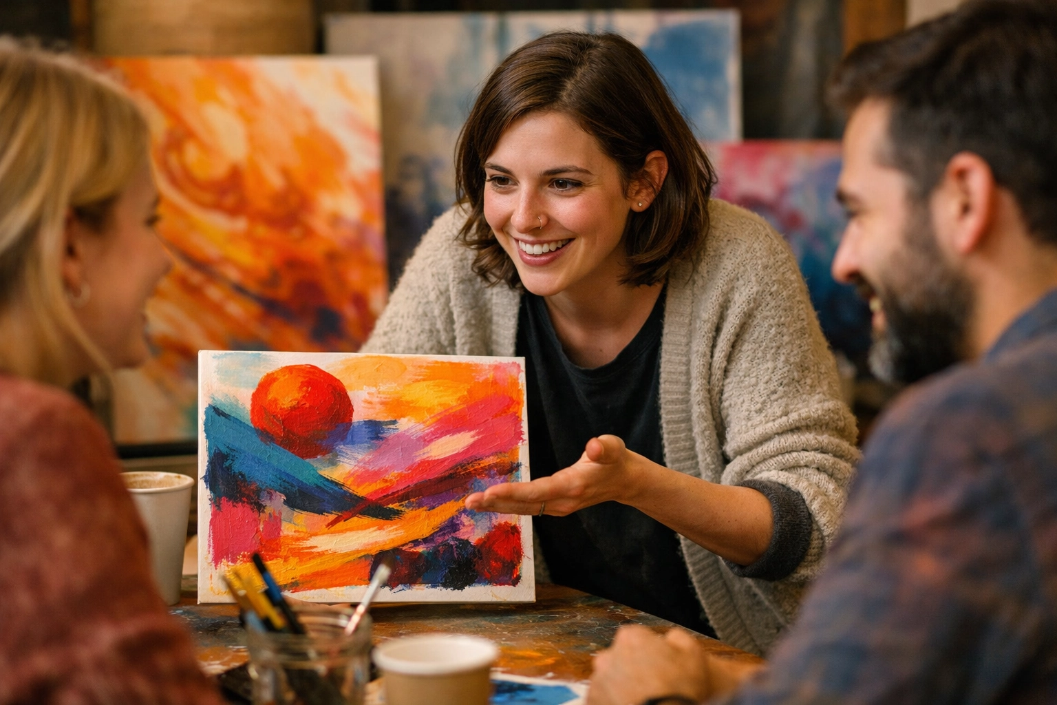 Team member sharing insights about their abstract painting with coworkers at workshop