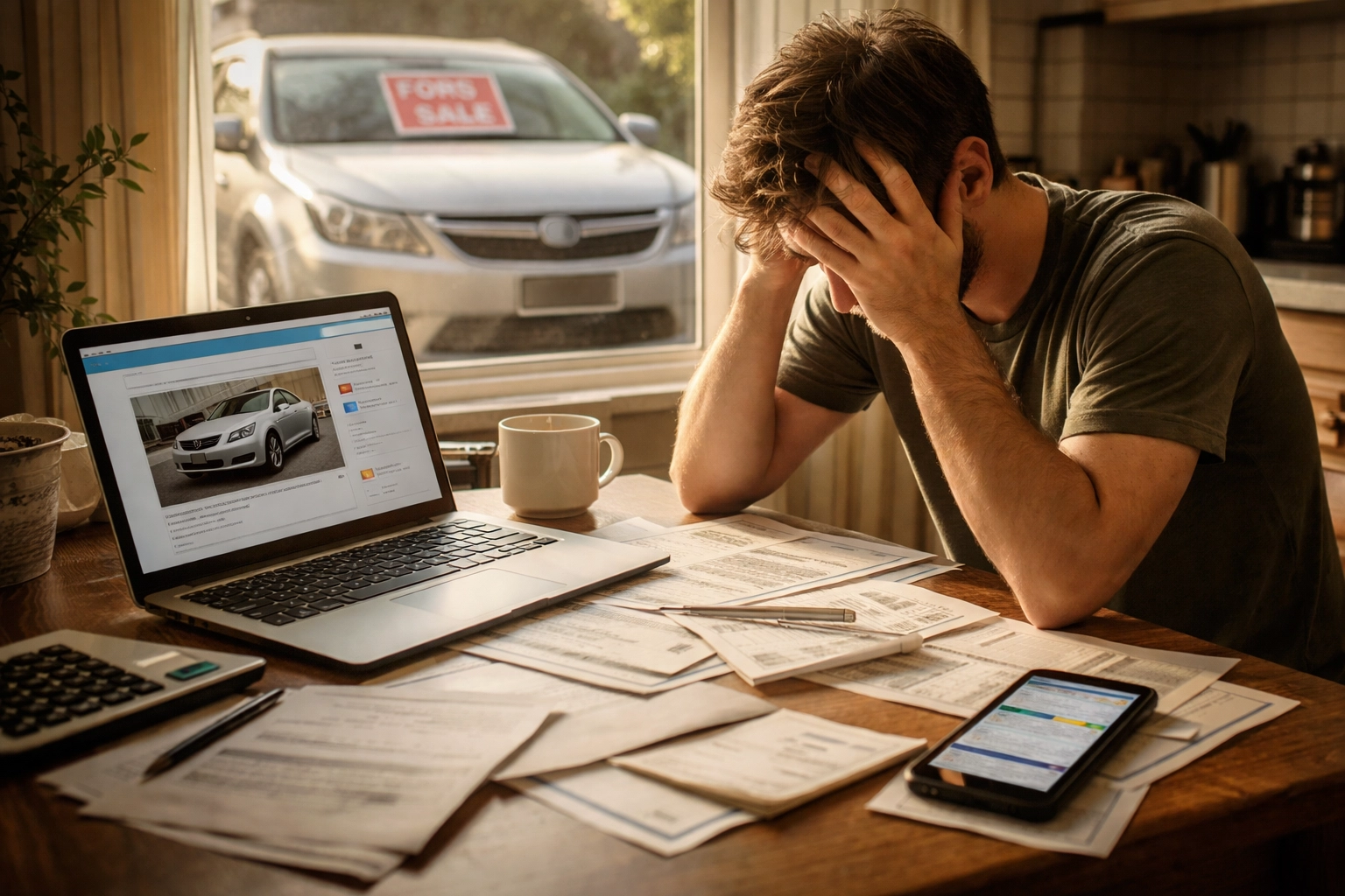 Frustrated person at home surrounded by car sale paperwork, highlighting private sale hassles in Sacramento area