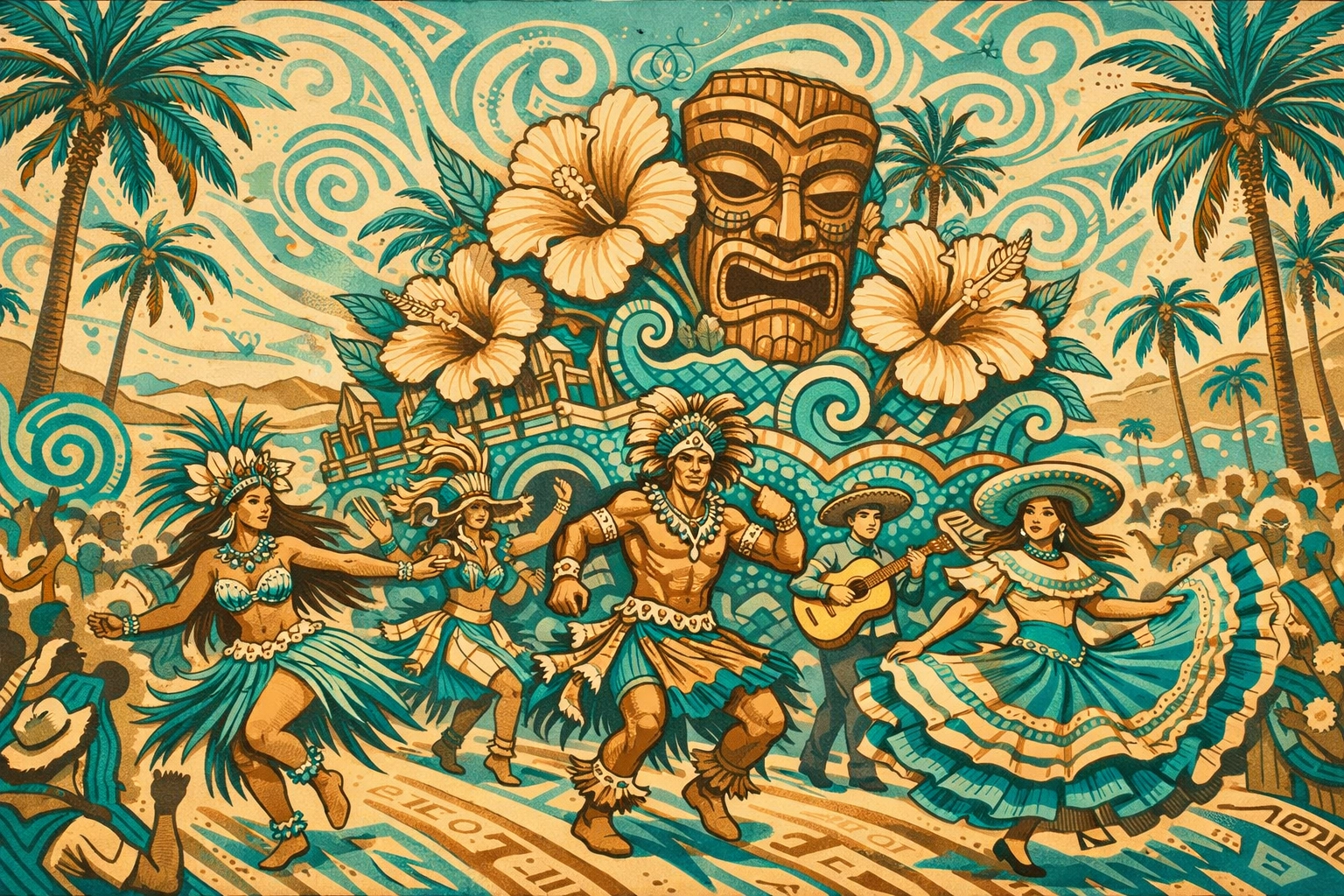 Festive cultural parade with tropical floats and dancers for the Talofa Fest downtown kickoff in Las Vegas.