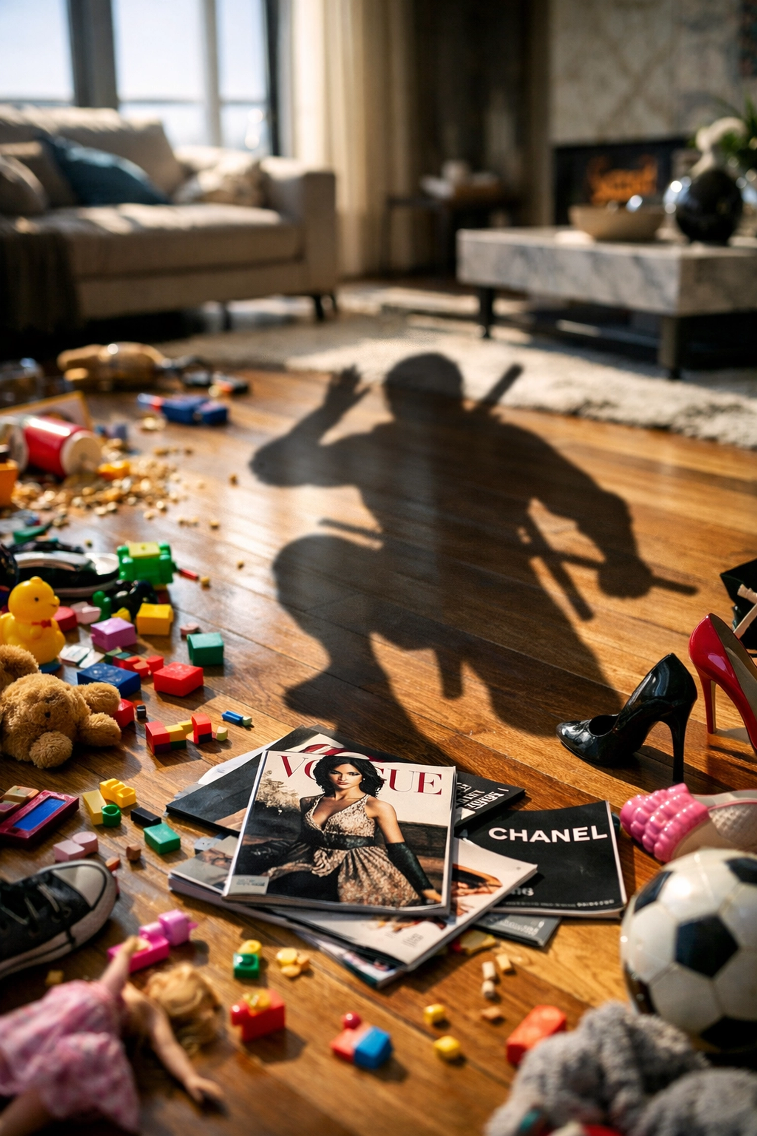 Living room floor clutter blocking paths for a bi weekly house cleaning service.