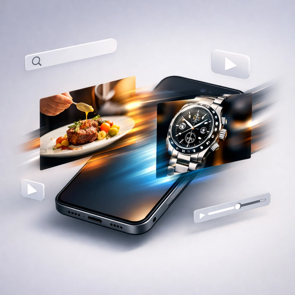 Smartphone screen showing video-first search ads and engaging video extensions for higher quality scores.