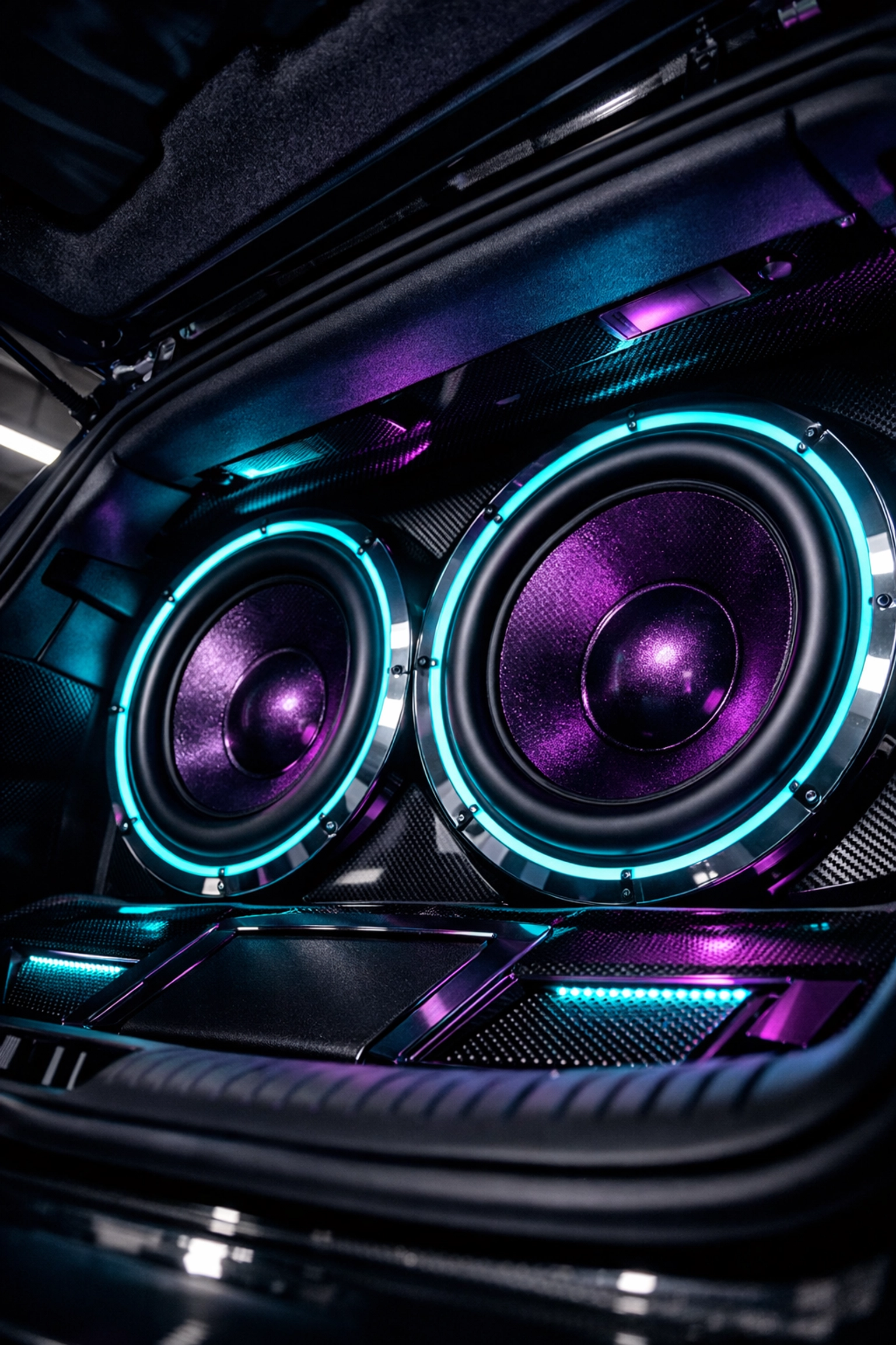 Custom car audio chattanooga tn installation featuring high-end subwoofers in a vehicle trunk.