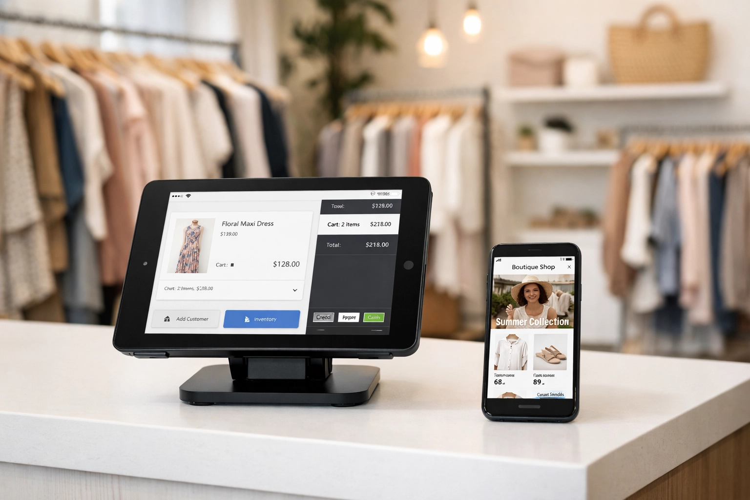 Shopify POS tablet system in boutique retail store with omnichannel online and offline integration